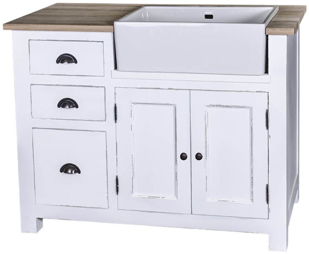 mit 118 cm Schubladen x H. Padrino - Antik Küchenmöbel Weiß Türen 3 Spülenschrank Chic Casa Shabby x Spülenschrank 90 Naturfarben 2 und 65 Landhausstil /