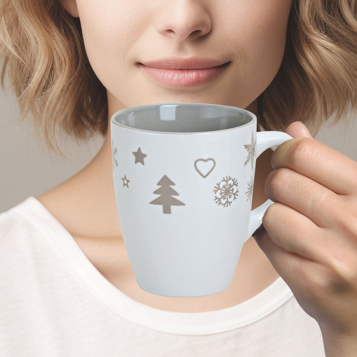 matches21 HOME & HOBBY Tasse Weihnachtstassen 4er Set einfarbig Skandi Weihnachtsdeko, 4-tlg., Keramik, Tee Kaffee-Becher, Weihnachten, Vintage, grau weiss, 300 ml