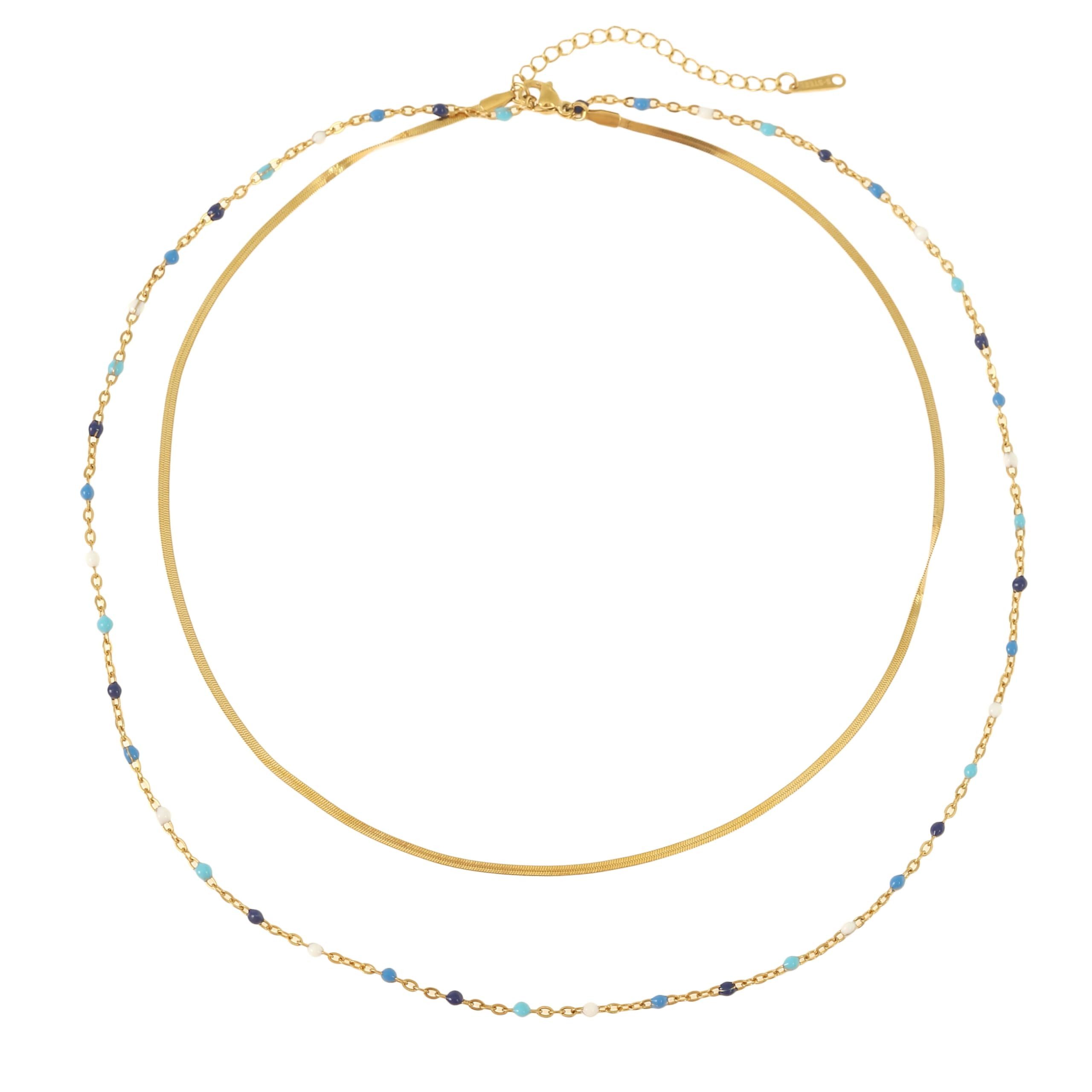 Made by Nami Choker Doppelreihige Kette Damen Gold in Schlangendesign und mit Perlen, Robuster Karabiner Verschluss Boho Schmuck - 40 + 5 cm