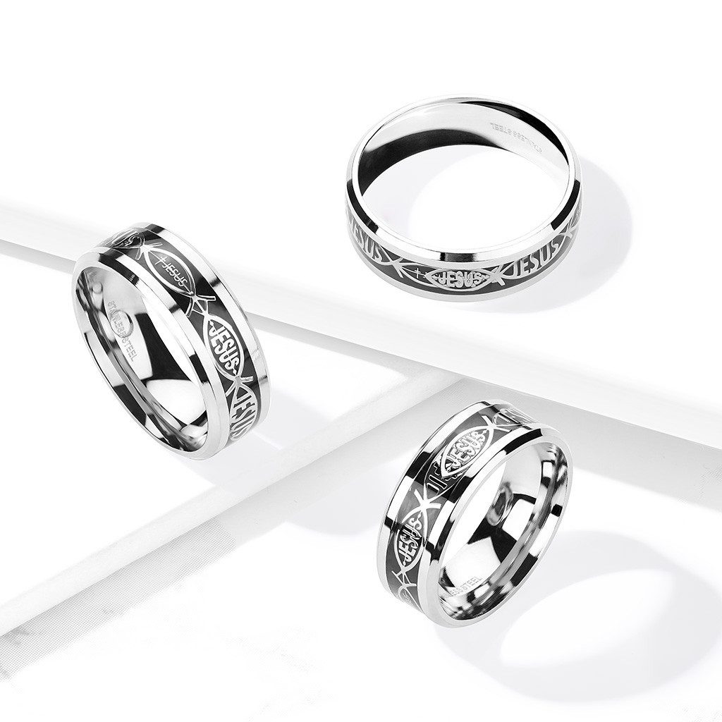 BUNGSA Fingerring 64 (20.4) Ring Jesus Fisch schwarz/silber aus Edelstahl Unisex (1 Ring) – Bild 2 von 3