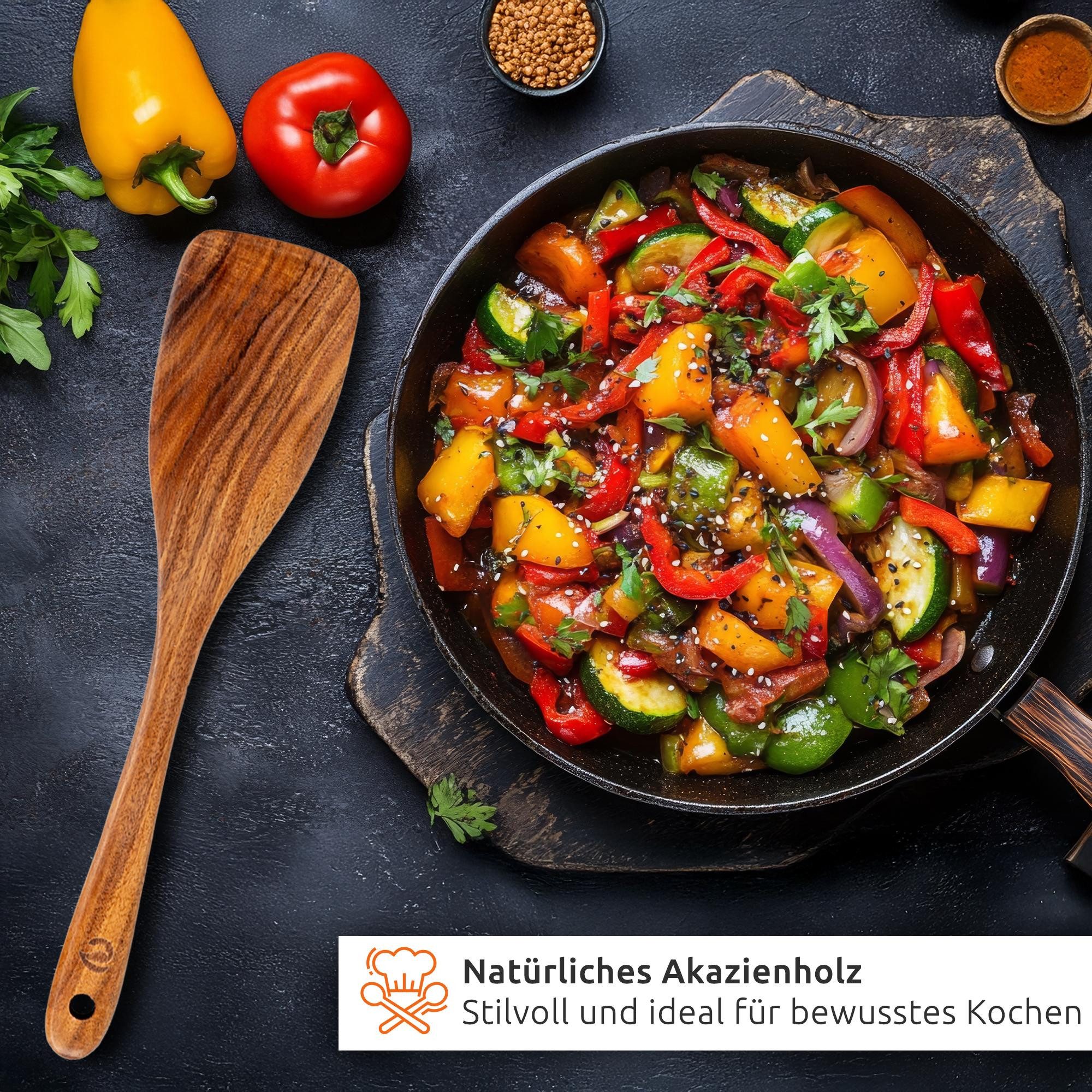 ECENCE Pfannenwender aus Akazienholz - 3-teiliges Küchenhelfer Set