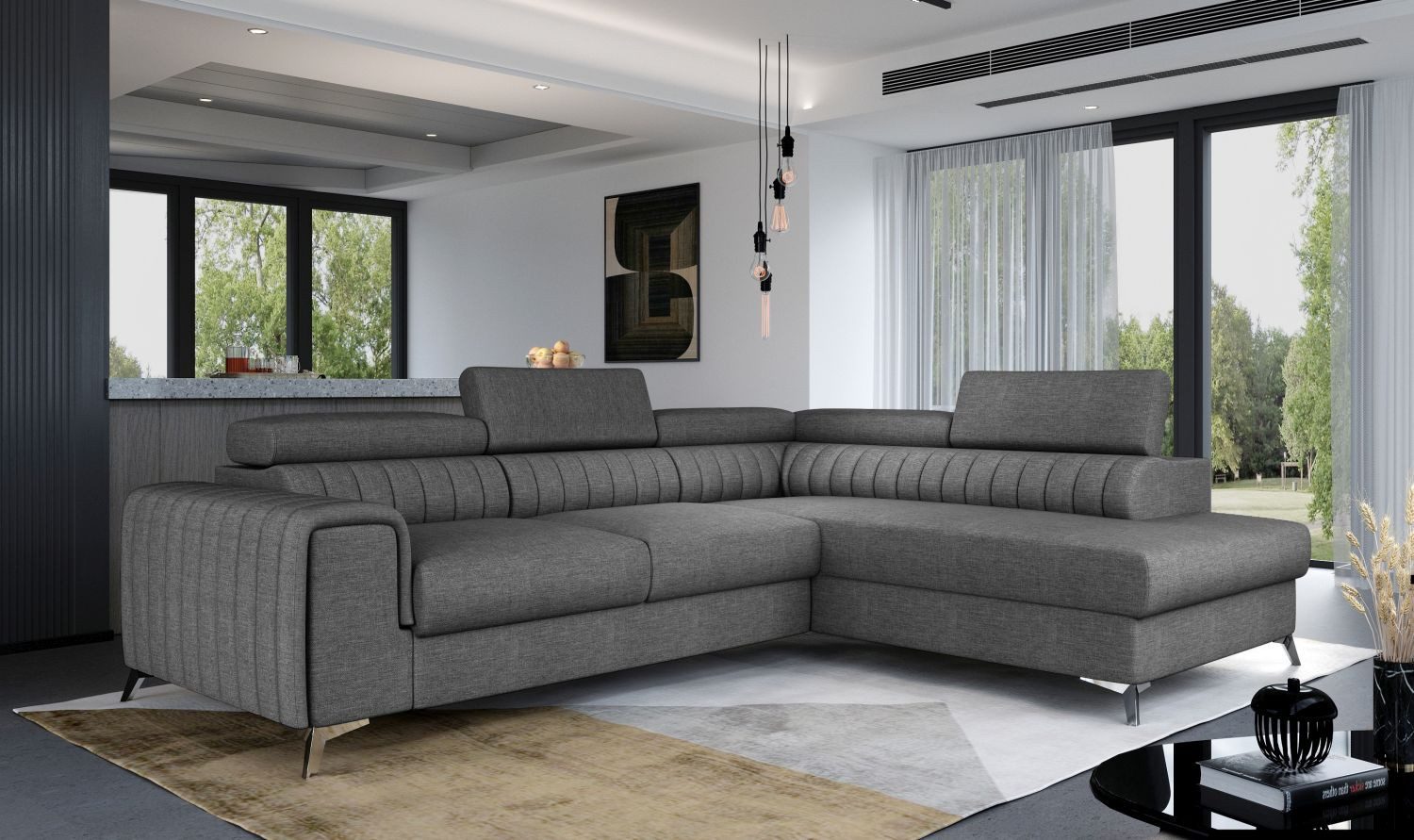 Lukas Möbel Ecksofa Modernes Ecksofa Laura mit Schlaffunktion Bettkasten, regulierbare Kopfstützen, Bettfunktion, Rückseite bezogen