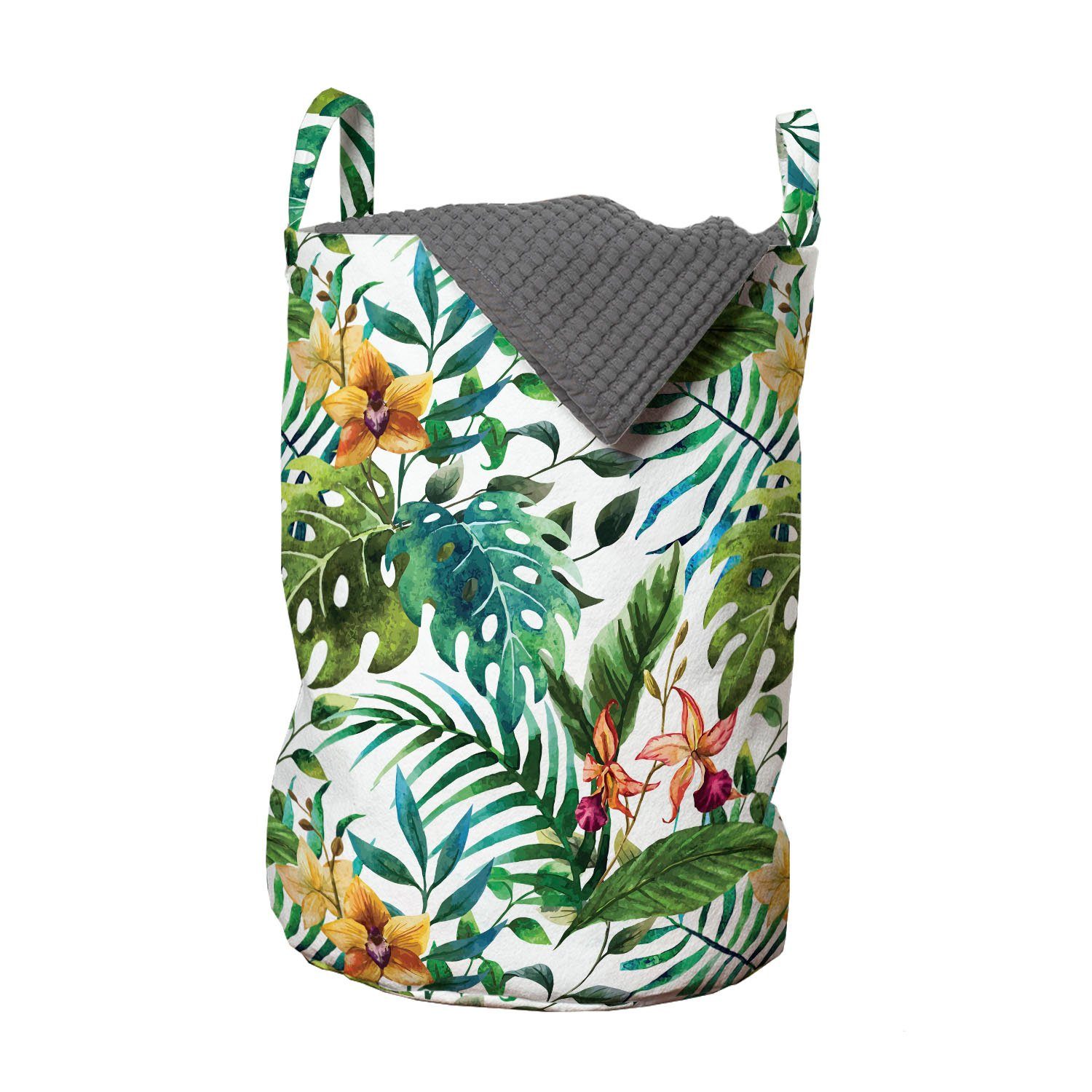 Abakuhaus Wäschesäckchen Wäschekorb mit Griffen Kordelzugverschluss für Waschsalons, Blatt Palme Blumen Hibiscus