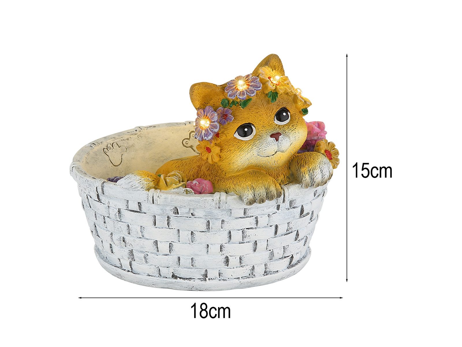 GLOBO LIGHTING LED Solarleuchte Katze und Blumen im Korb, Höhe 15cm, LED fest integriert, warmweiß, Deko Solarbeleuchtung ausgefallene Solarlampe-n für Garten & Balkon