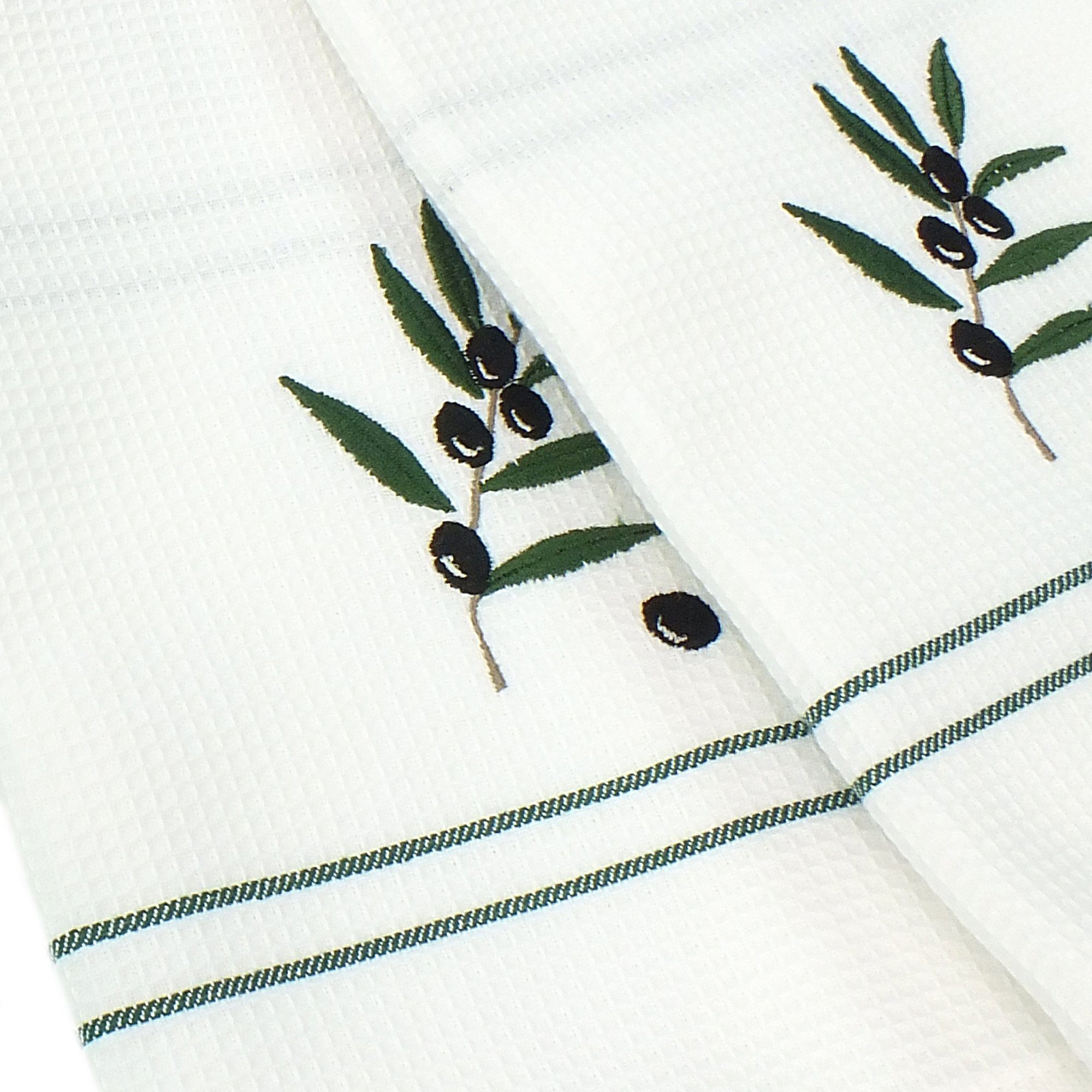 Lasa Home Geschirrtuch Embroideries, Olive ca.50x70cm (Set, 2-tlg), 2er Stickerei Pack Waffelpique Geschirrtücher Baumwolle