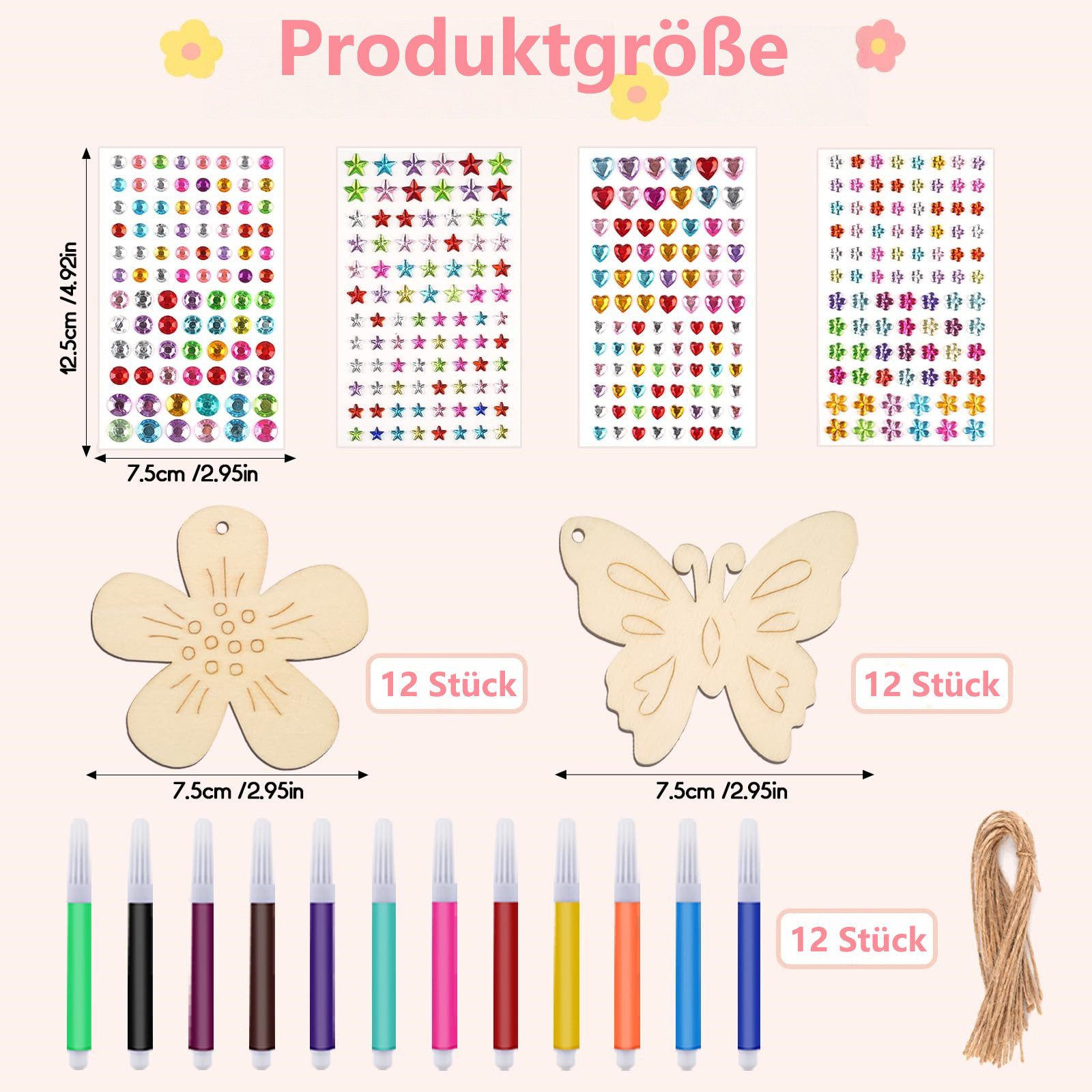 FOUORTUNATE-BEE Kreativset 40 Stück Bastelset Kinder Schmetterling und Blume, (mit Aquarellstift & Edelsteinaufkleber Deko Schnur, 40-tlg., Basteln Kindergeburtstag für DIY Geburtstag Basteln Kinder)
