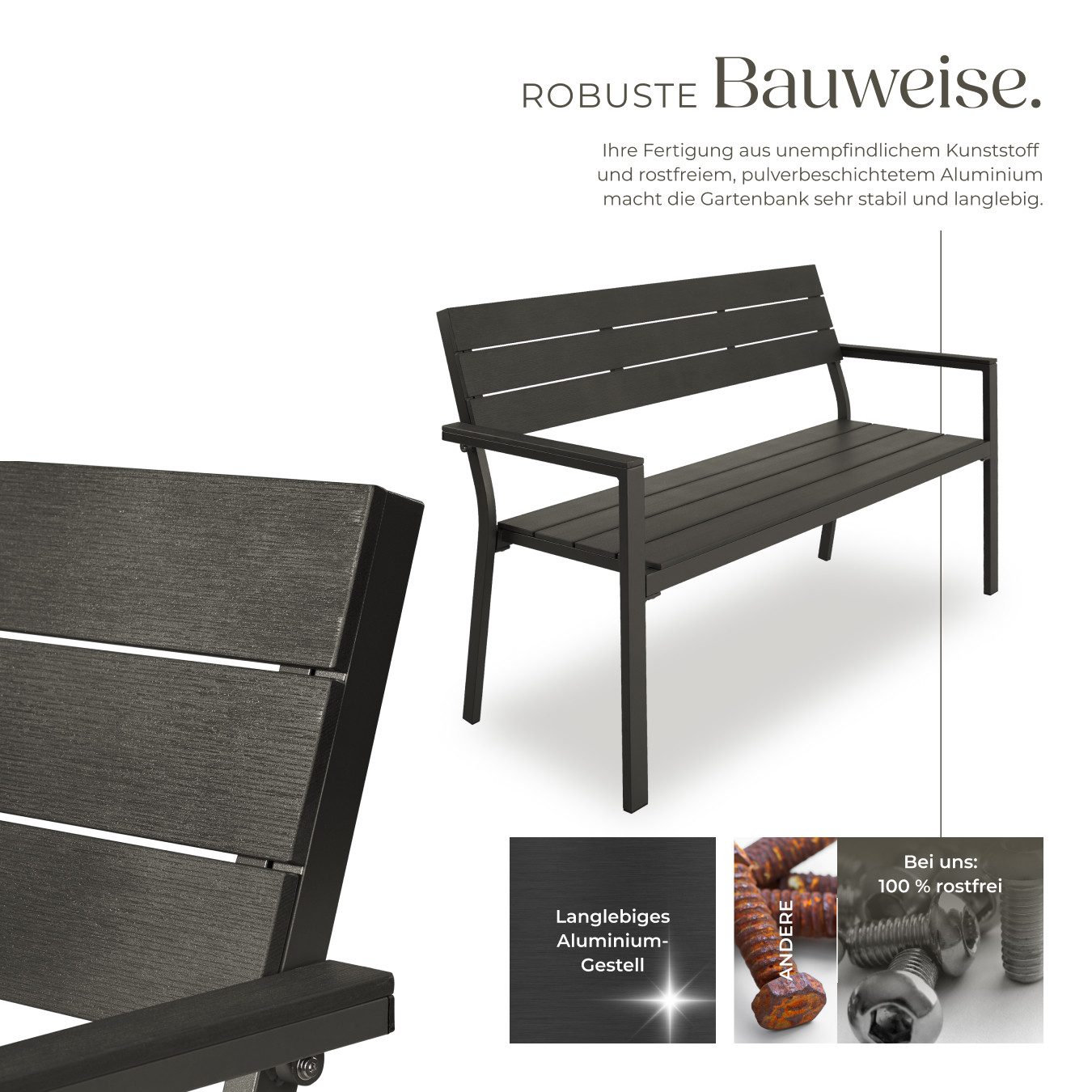 tectake Gartenbank Aluminium-Outdoor-Sitzbank, Maße: 128 x 59 x 88 cm, 2-Sitzer (Parkbank Line, in dunkelgrau), Wetterbeständig, Holzoptik, mit einer Belastbark – Bild 4 von 5