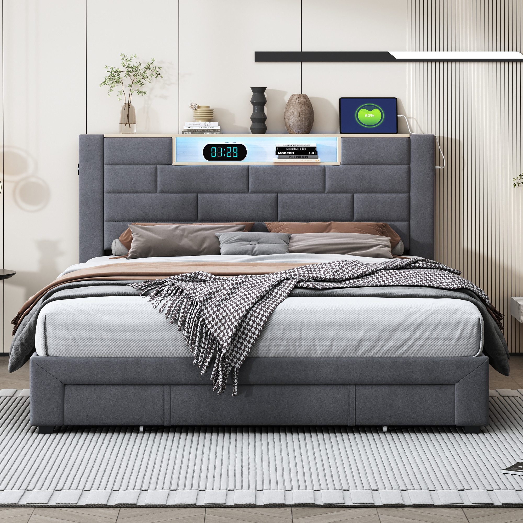 FUROKOY Stauraumbett Polsterbett Doppelbett mit LED-Beleuchtung günstig online kaufen