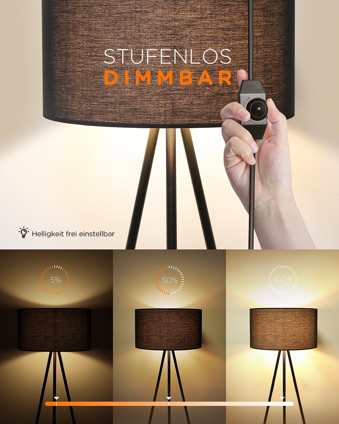 Tomons LED Stehlampe Dimmbar, Stehleuchte mit Dreibeinstativ aus Metall, LED wechselbar