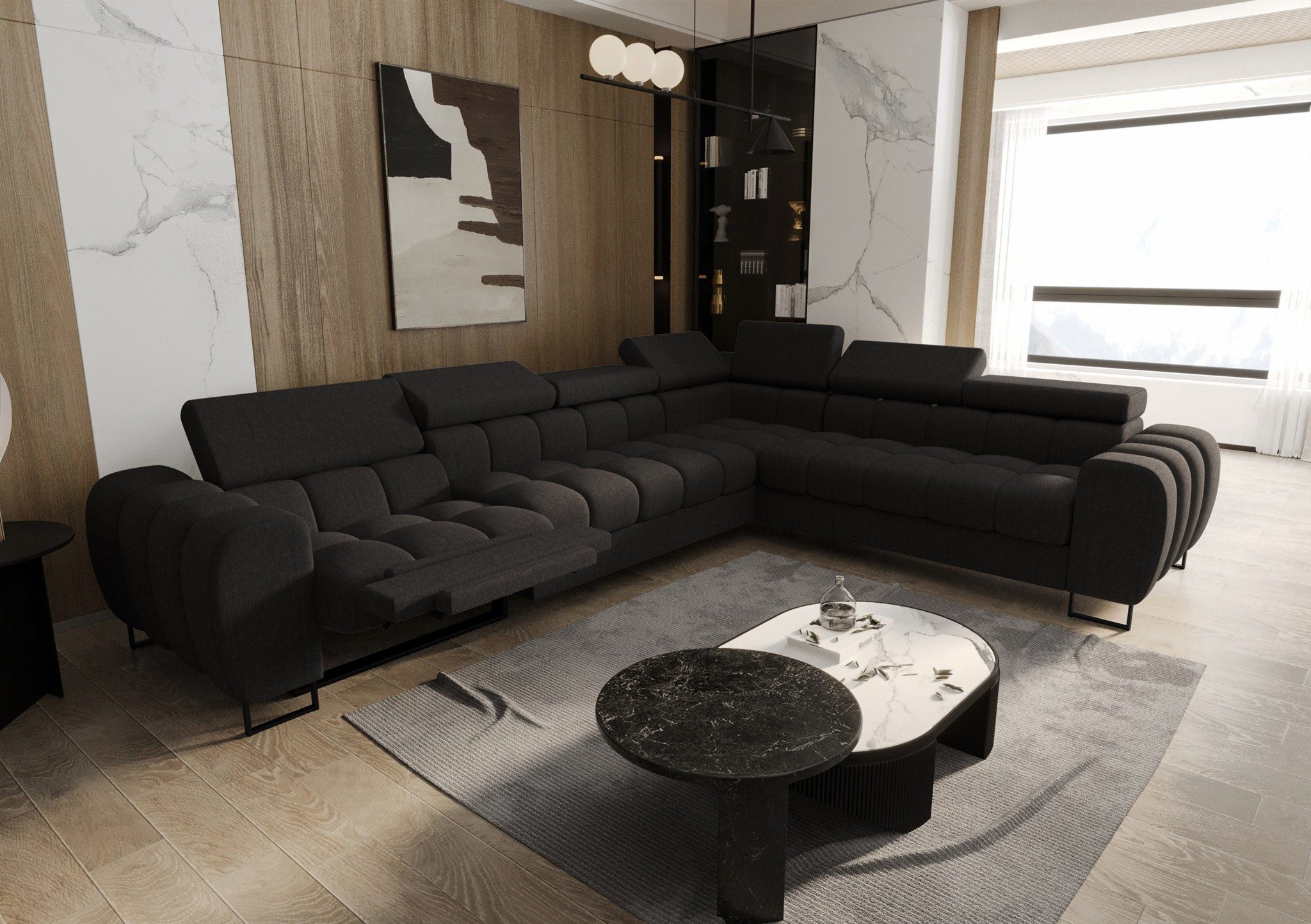 Fun Möbel Ecksofa Schlafsofa BASTIEN RELAX mit Ottomane in Stoff, inkl. Bettkästen, mit Rundumbezug, ausziehbare Liegefläche, elektrisch einstellbaren Kopf- und Fußstütze