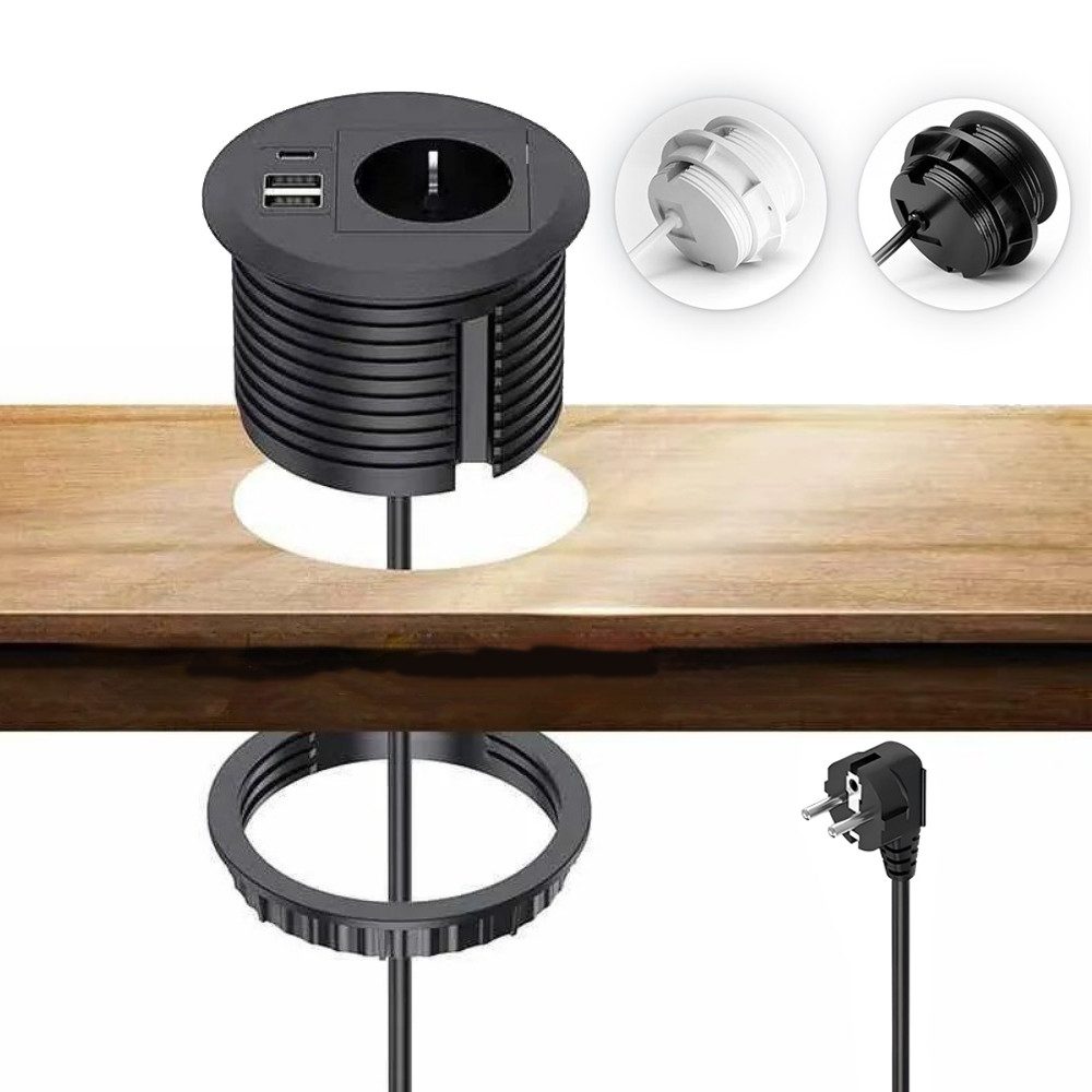 PRIISF Steckdose Einbausteckdose Versenkbare Tisch Steckdose mit Schuko, USB-A, USB-C, Tischplatte Grommet Einbausteckdose USB Hub Schreibtisch Zubehör, Steckdose Schreibtisch für 80mm Tischloch, USB Einbaubuchse Ladegerät Tischsteckdose für Wand Möbel Küche Büro