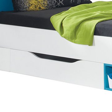 Lomadox Kinderbett MIJAS-133, Bett 90x200 cm mit Nachtschrank modern weiß mit türkis