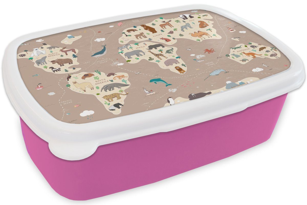 Mädchen, Jungen Kinder, rosa Weltkarte Braun Tiere Kunststoff, - Mädchen, Brotbox - Kinder MuchoWow - Snackbox, für Erwachsene, - Kunststoff Brotdose (2-tlg), Lunchbox