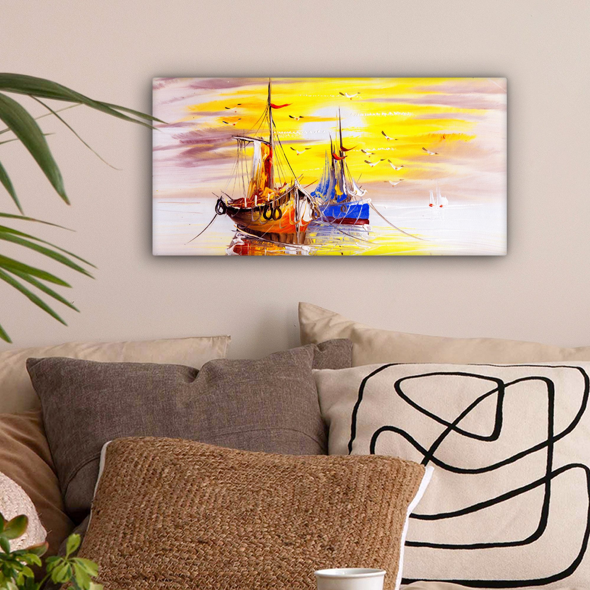OneMillionCanvasses® Leinwandbild Panorama Malerei - Boot - Wasser - Ölfarb günstig online kaufen