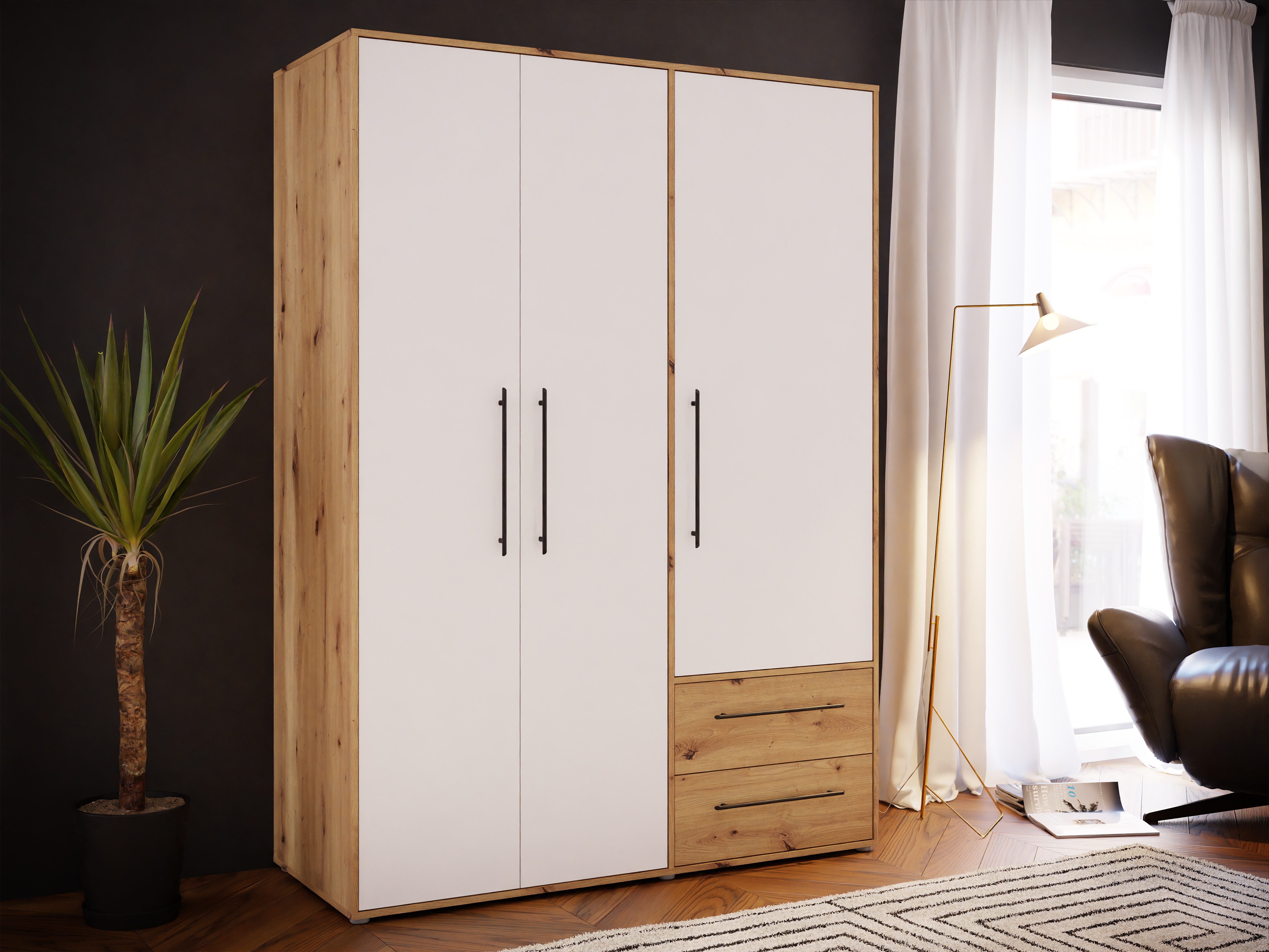 FORTE Kleiderschrank Mokkaris, Garderobe, zeitloses Design, 3 Türen, Made in Europe (B/H/T ca. 144x200x59cm) Zwei Schubladen, schwarze Stangengriffe, Stauraum,  – Bild 2 von 5