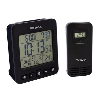 Miraval LCD Funkwecker mit Außensensor Wetterstation Datumsanzeige Funkuhr Kalender Datum 2 Alarme Datumsanzeige Snooze Funkwetterstation (Datumsanzeige, Funksignal, Temperaturanzeige, Aussensensor, AA-Batterien, Schwarz, Großer Display, Funkwecker)