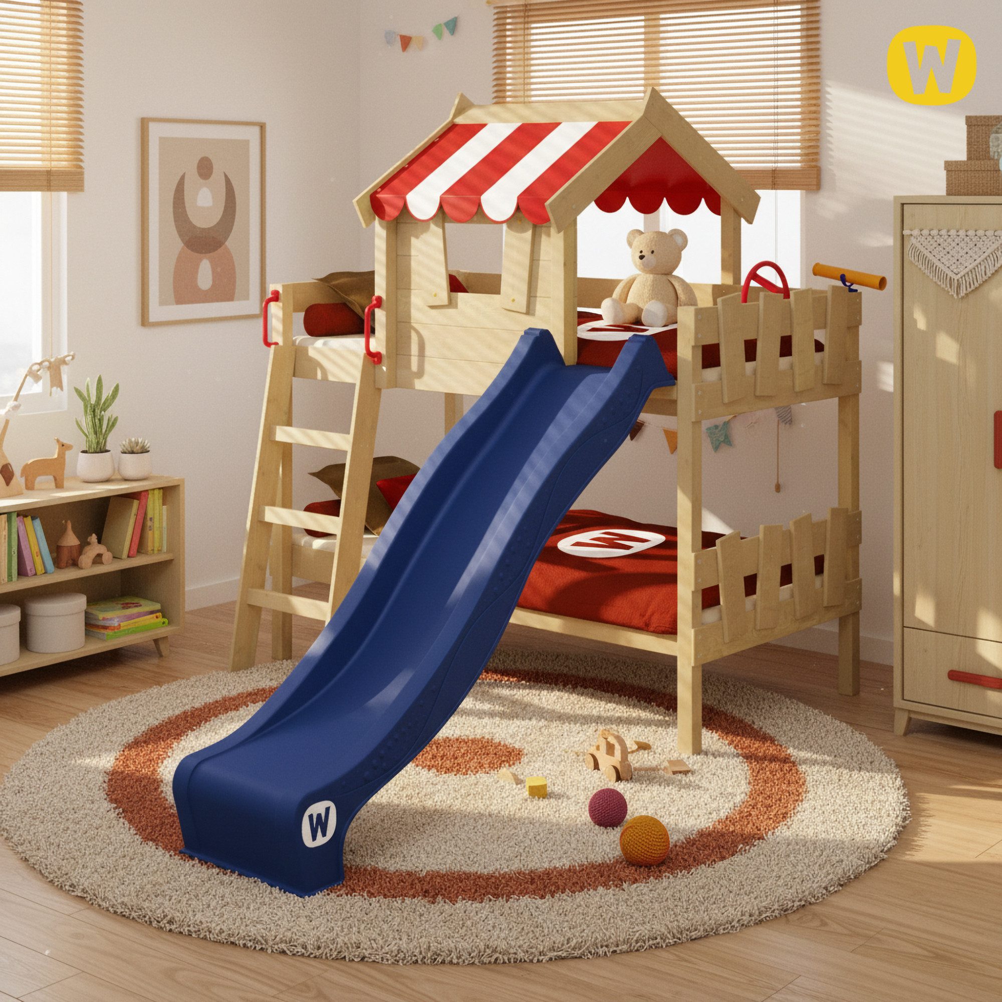 Wickey Kinderbett Crazy Circus - Spielbett mit Rutsche, Etagenbett - 90 x 200 cm (Holzpaket aus Pfosten und Brettern, Spielbett für Kinder), Massivholzbrett