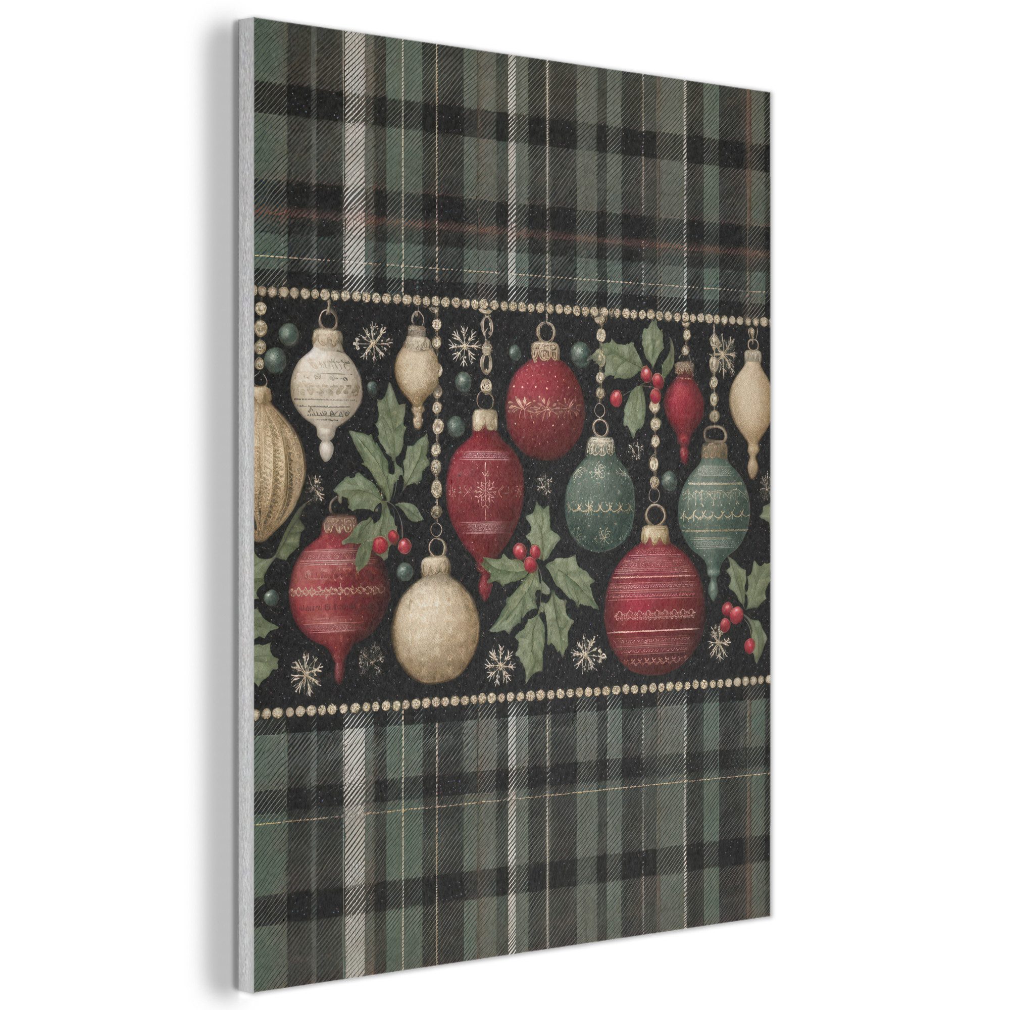 MuchoWow Gemälde Weihnachtskugeln - Rot - Stechpalmenzweige - Muster, Fotodruck (1 St), Akustikbilder PET-Filz, Wandpaneele, Akustikpaneele 50x70 cm