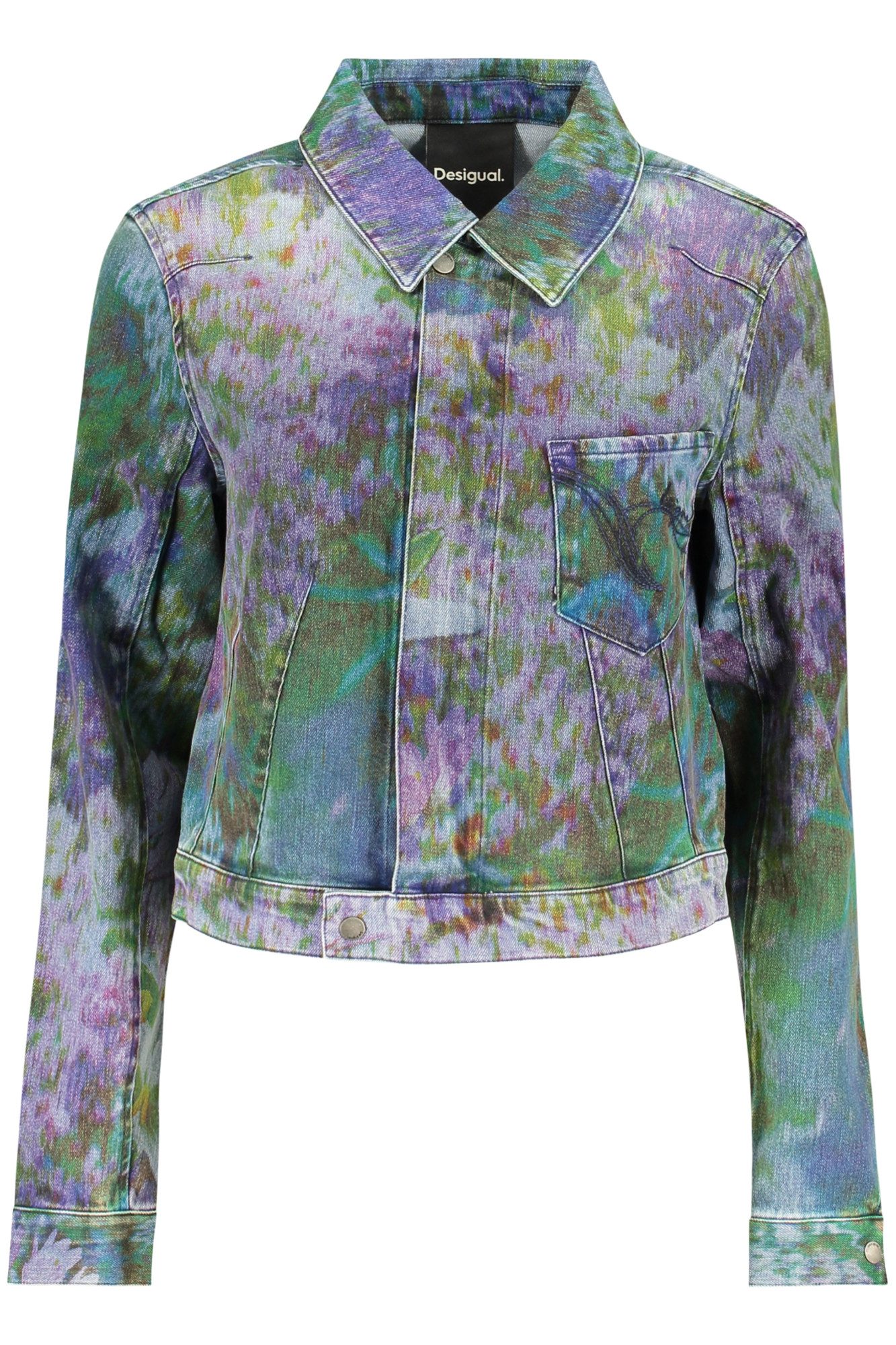 Desigual Outdoorjacke Blaue Damen Jeansjacke: Florales Design mit Reißverschluss & Kontrast