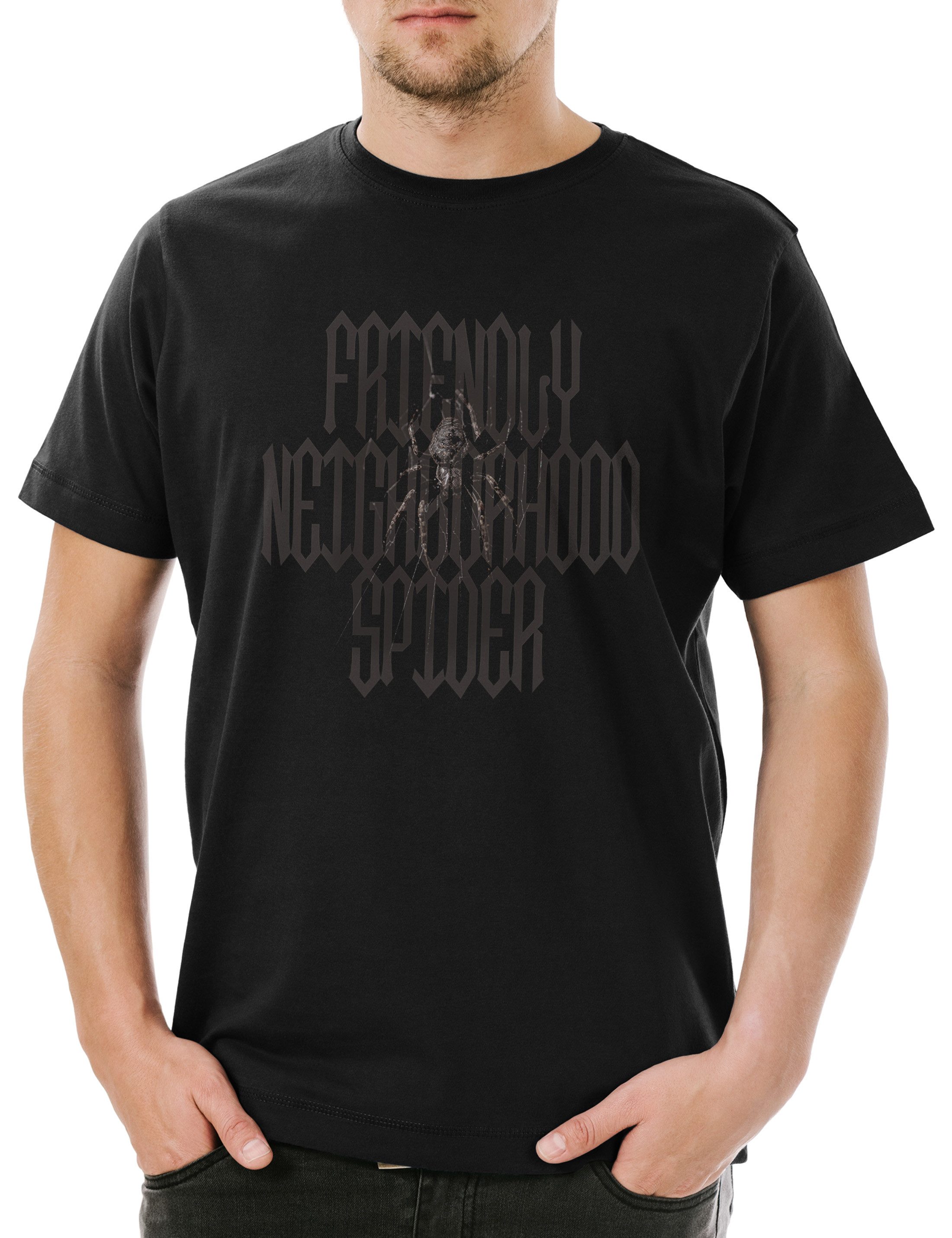 Urban Backwoods Print-Shirt Friendly Neighborhood Spider Herren T-Shirt Spinne Vogelspinne Black (1-tlg) Gothic Widow Schwarze Witwe