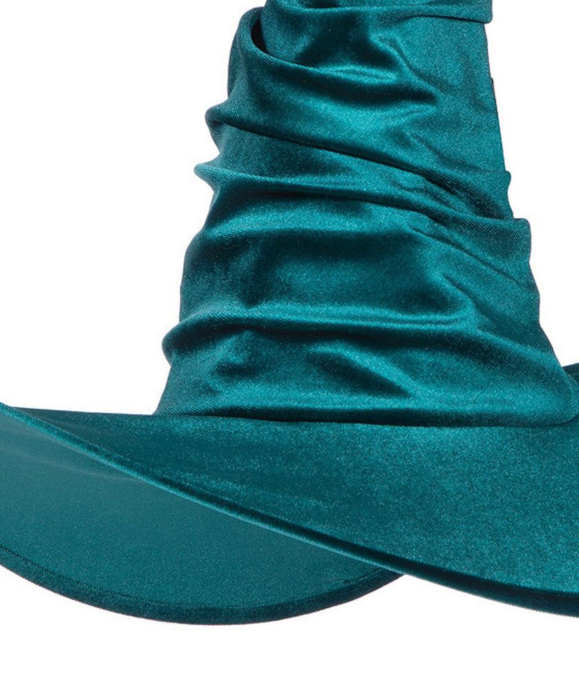 Karneval-Klamotten Kostüm Hexenhut Luxus Samt grün für Erwachsene, Hut Kopfbedeckung Damen Hexe hochwertig Halloween Party Zubehör