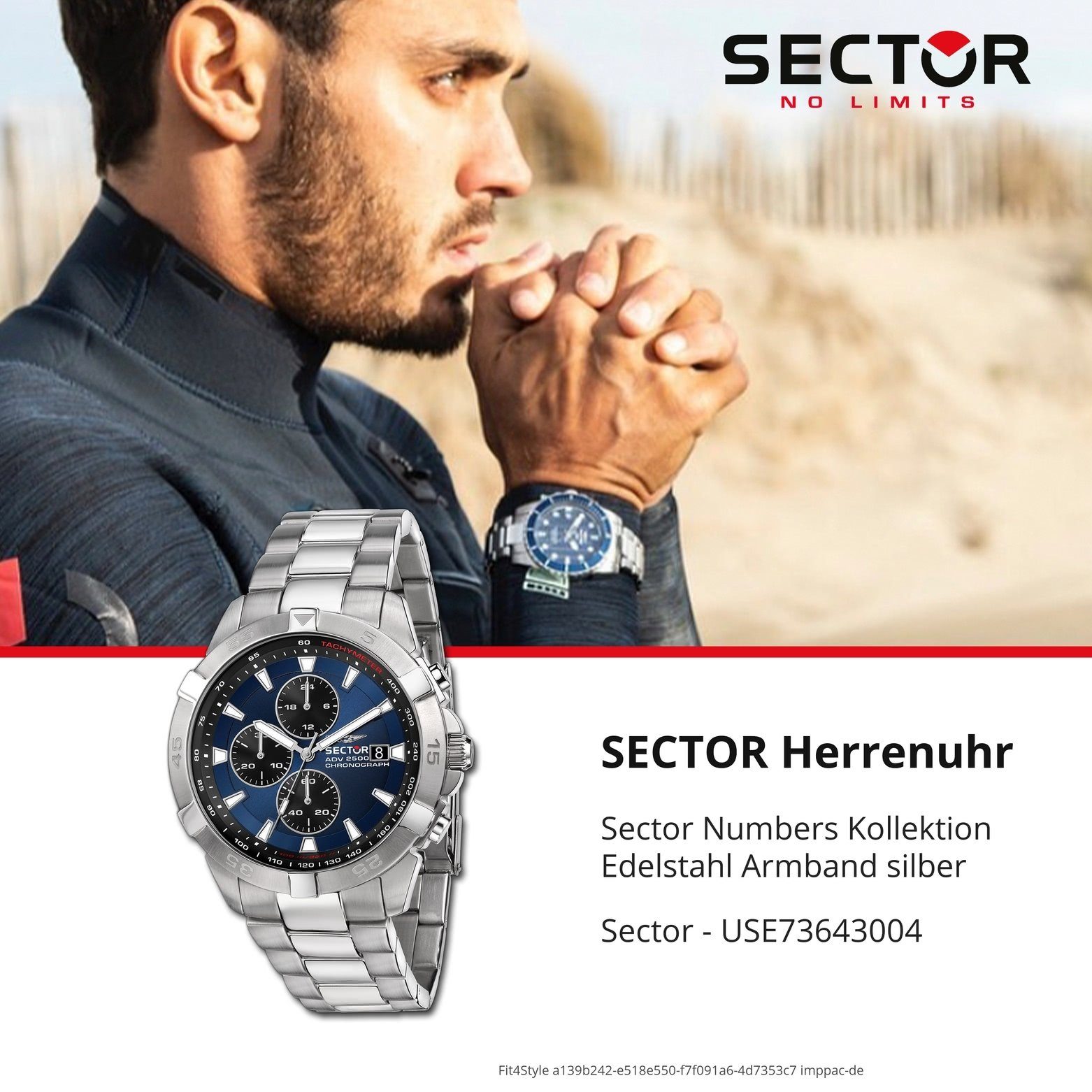 Sector Chronograph Sector Herren Armbanduhr (45mm), silber, Chrono, Edelstahlarmband Herren groß Armbanduhr rund, Fashion