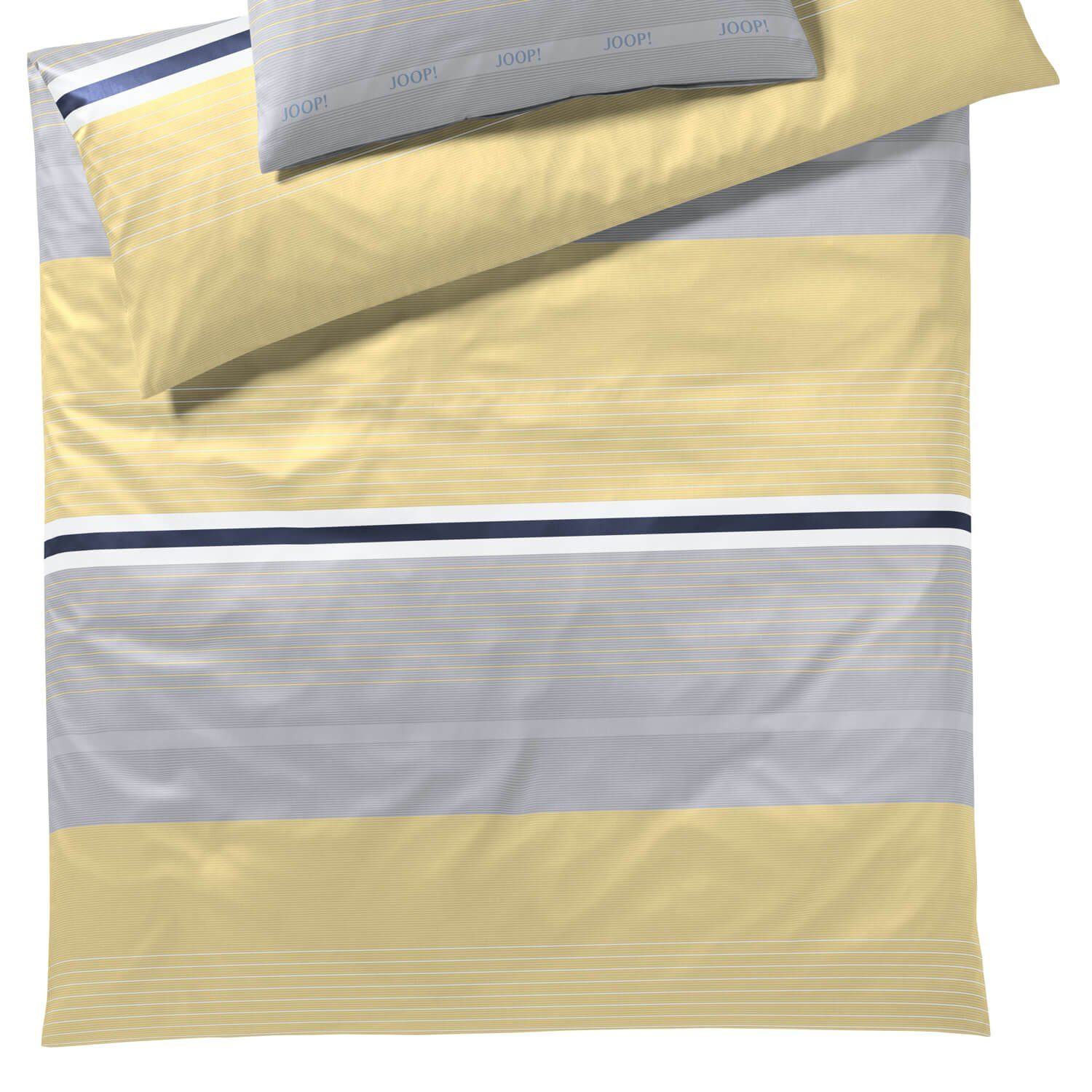 JOOP! Bettwäsche Fit 4091 03 Lemon Mako Satin, Mako-Satin, 3 teilig, Gestreift, Linien, Schriftzug