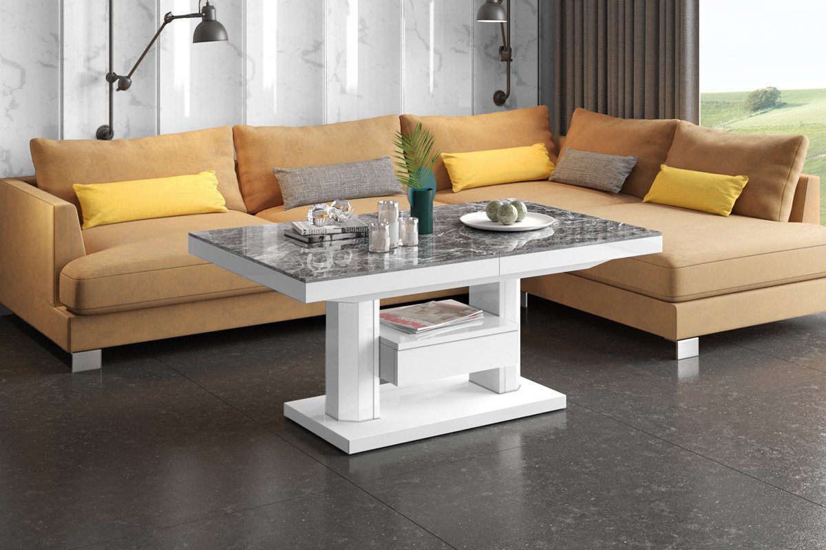 designimpex Couchtisch Design Tisch HM-120 Hochglanz stufenlos höhenverstellbar ausziehbar Marmor dunkel Hochglanz - Weiß Hochglanz