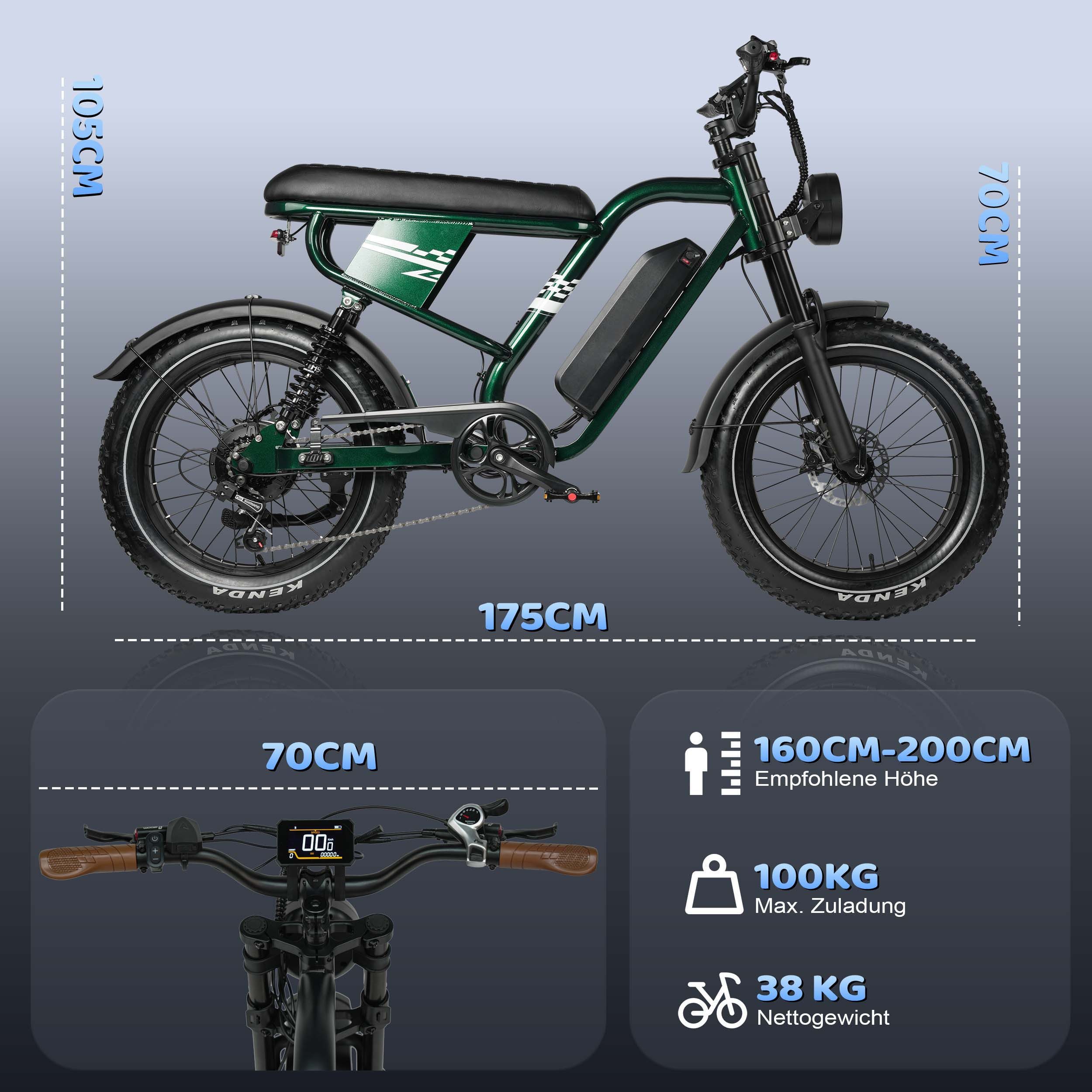 Vankel E-Bike Cityrad W66 herren Elektrofahrrad 648WH cityrad 20×4.0 Zoll damen 13.5AH 65Nm, Kettenschaltung, Heckmotor, 648 Wh, Retro E-Fatbike mit hydraulischen Scheibenbremse, E-bikes