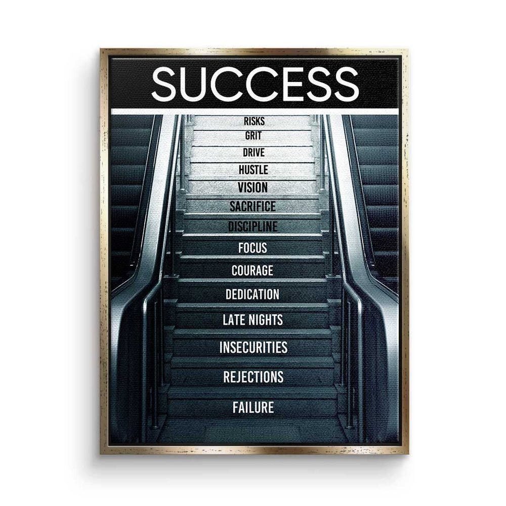 DOTCOMCANVAS® Leinwandbild, Englisch, Premium Leinwandbild - Motivation - Rolltreppe des Erfolgs - Mindset goldener Rahmen