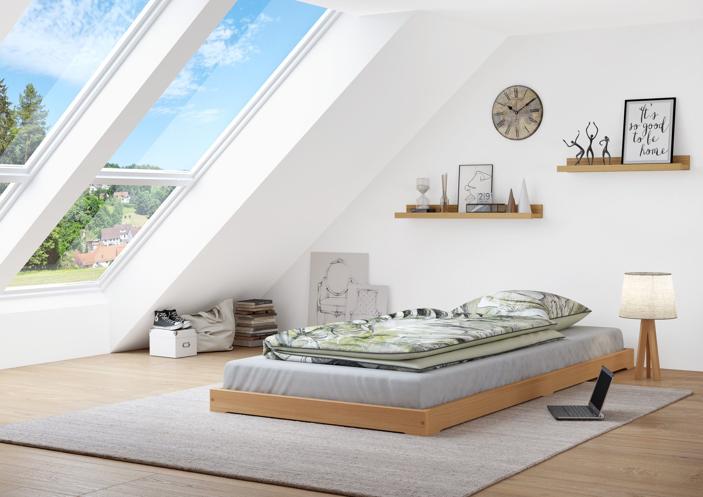ERST-HOLZ Futonbett Bodenbett Bettrahmen Futonbett Buche Massiv 100 x 200 cm, Buche farblos lackiert