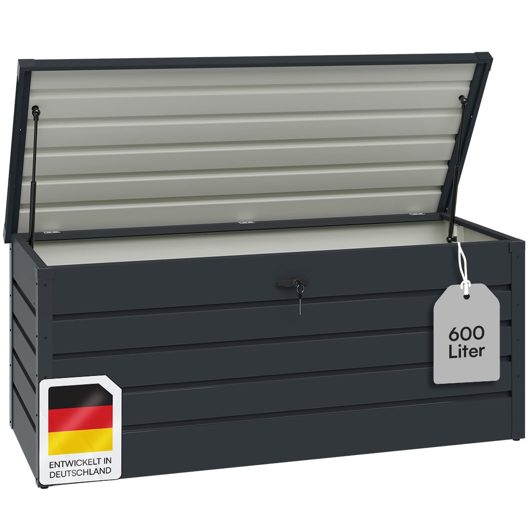 STEELSØN Auflagenbox Dorado aus Metall (Anthrazit, 600 Liter), abschließbare Gartenbox, verzinkt und lackiert, wasserdicht