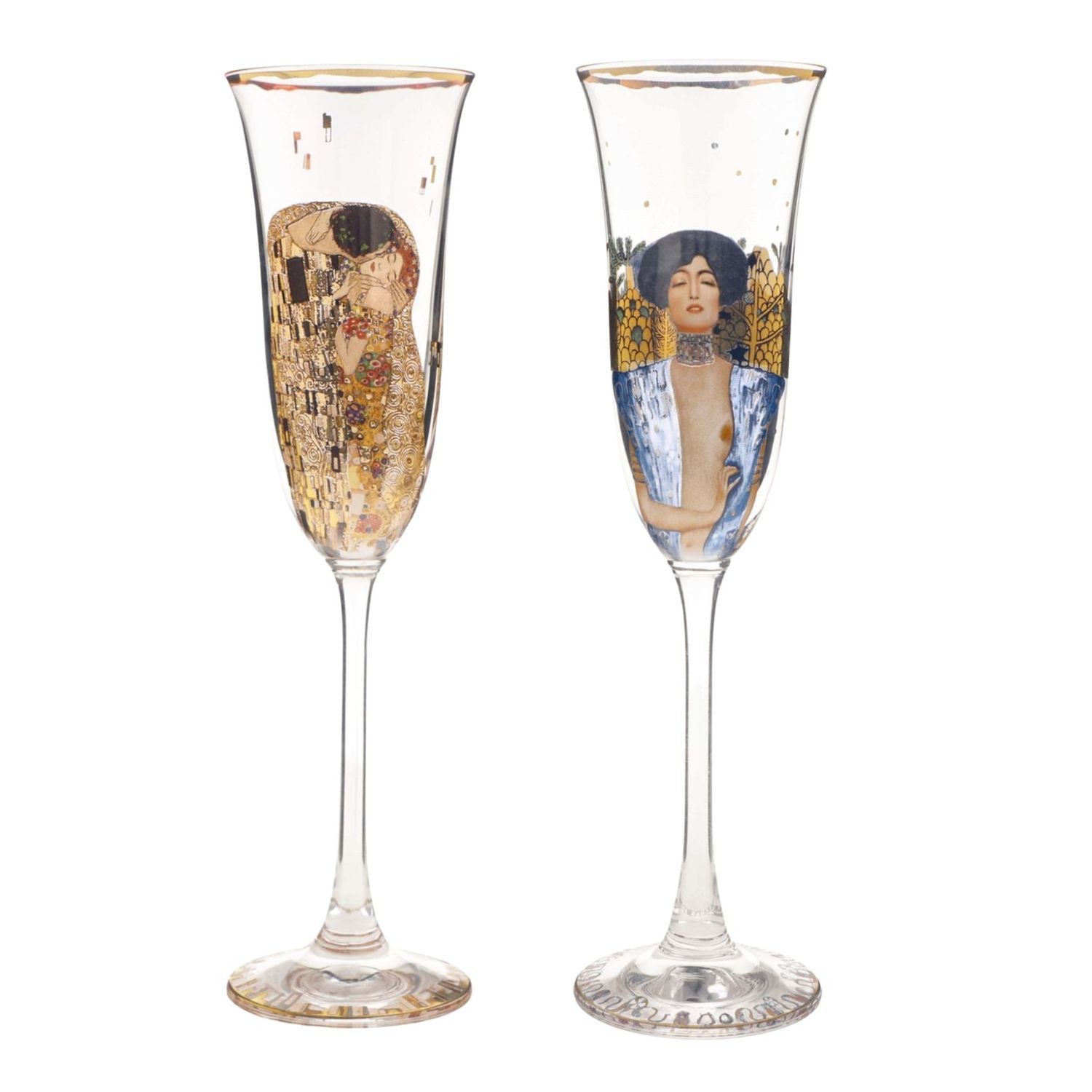 Goebel Sektglas Gustav Klimt, Glas, Echtgolddekor, Mehrfarbig, Der Kuss + Judith I, H: 24cm