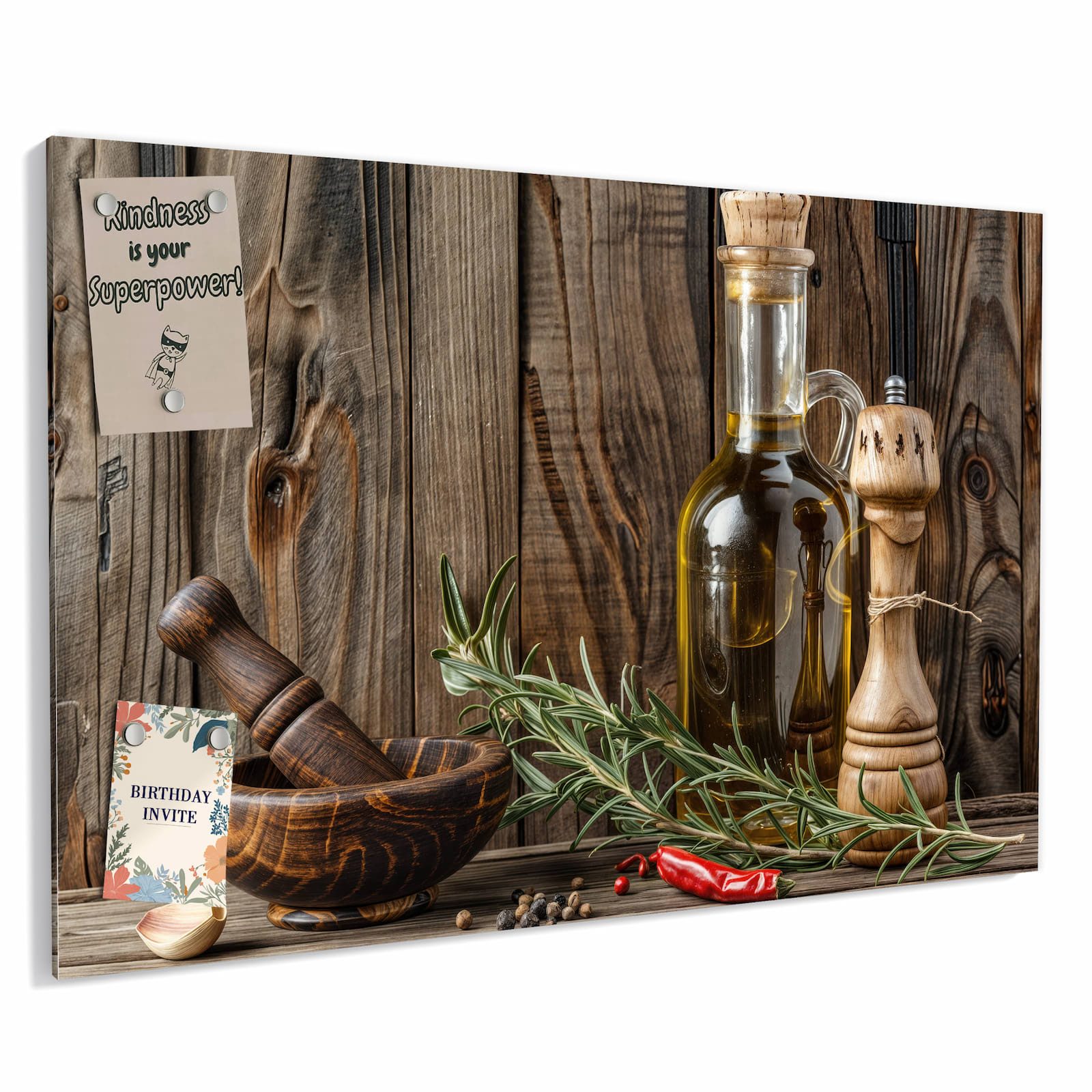 Primedeco Magnettafel Mörser und Olivenöl – Magnetwand & Memoboard aus Metall, (Komplett-Set, 1-tlg., Inklusive 4 Magnete und 2 Boardmarker (weiß & schwarz), magnetisch & beschreibbar