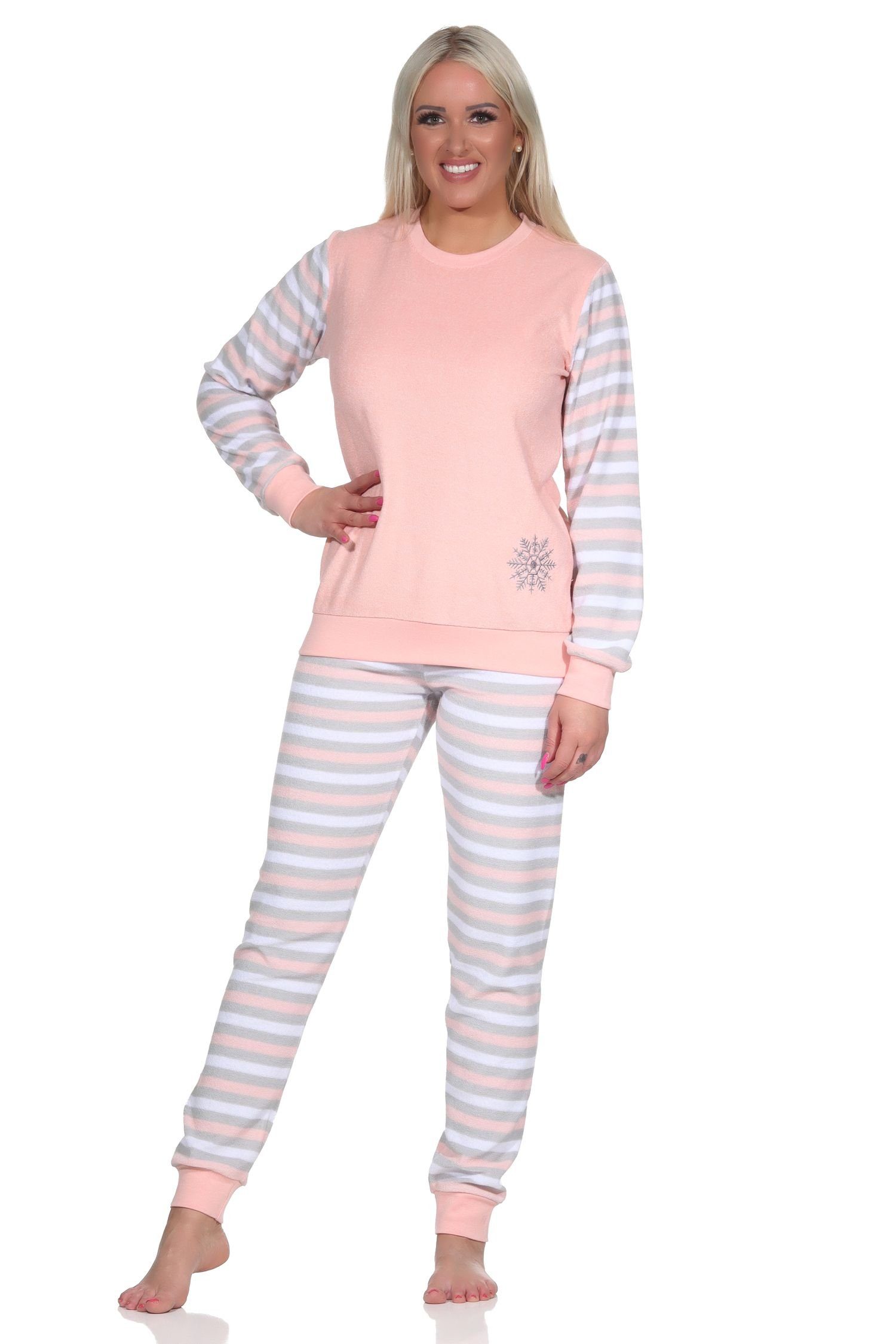 Normann Pyjama Geringelter Damen Frottee Schlafanzug langarm Pyjama mit Eiskristall rosa