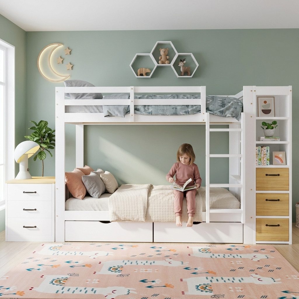 i@home Etagenbett Kinderbett 90x200 cm, Etagenbett mit Stauraumtreppe, mit Bettkästen, Multifunktionsbett, Bettgestell mit Fallschutzgitter für 2 Kinder,weiß