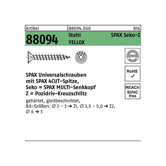 SPAX Senkschraube Schraube R 88094 Senkkopf m.Spitze/Kreuzschl.-PZ 3 5 x 30/25-Z Stahl galvanisch verzinkt gelb