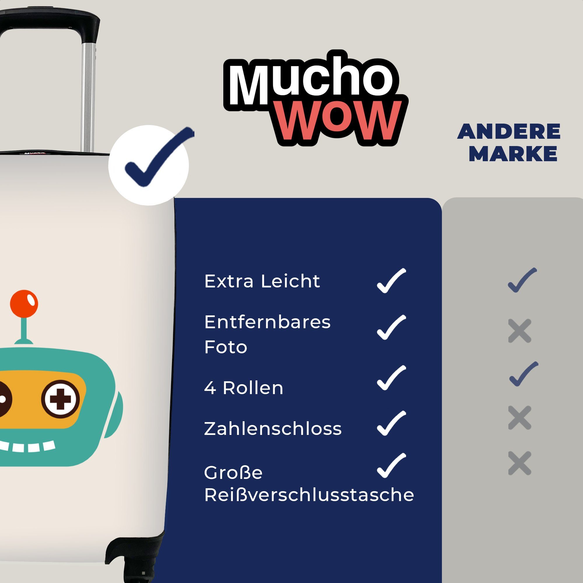MuchoWow für Rollen, rollen, - - Ferien, Roboter - Kind, Reisekoffer Handgepäck Technik Antenne Junge - Trolley, mit 4 - Gesicht Reisetasche Handgepäckkoffer