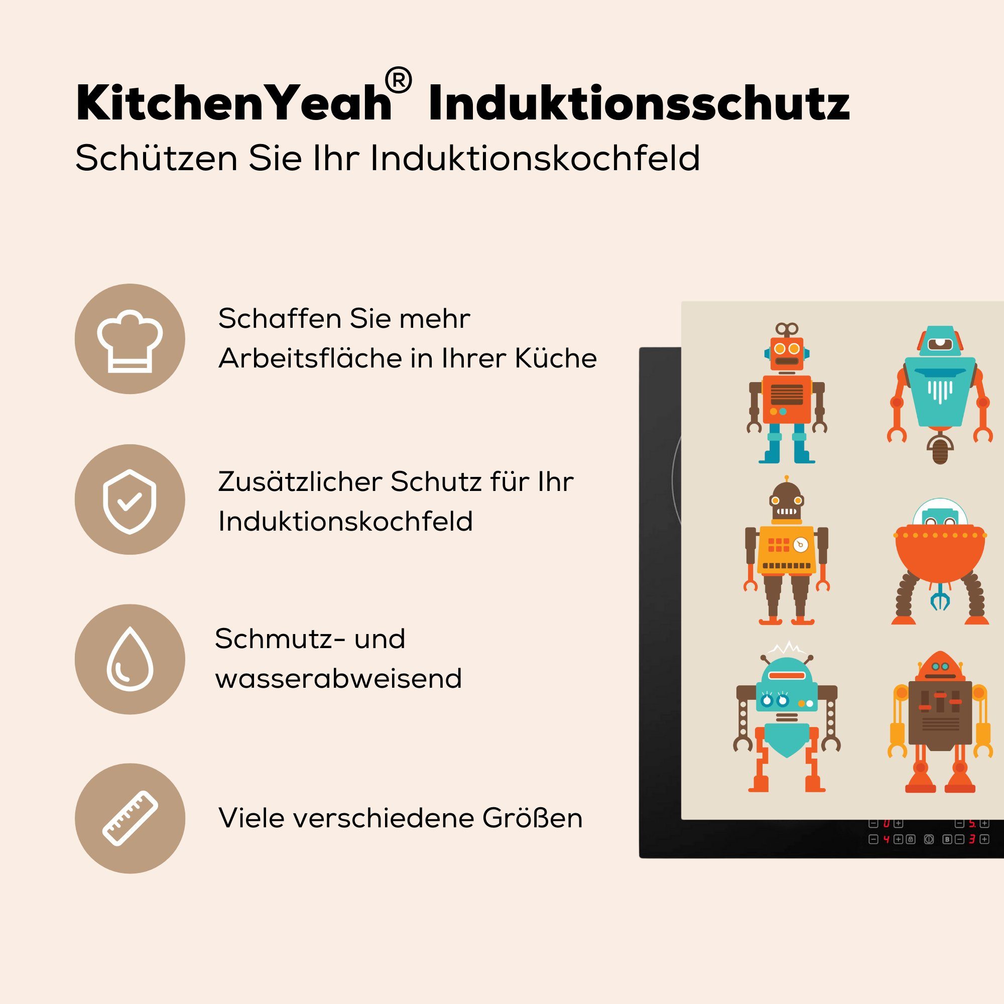 - Ceranfeldabdeckung, küche 78x78 für tlg), (1 cm, Arbeitsplatte Roboter, - Herdblende-/Abdeckplatte Vinyl, Illustration Kinder MuchoWow