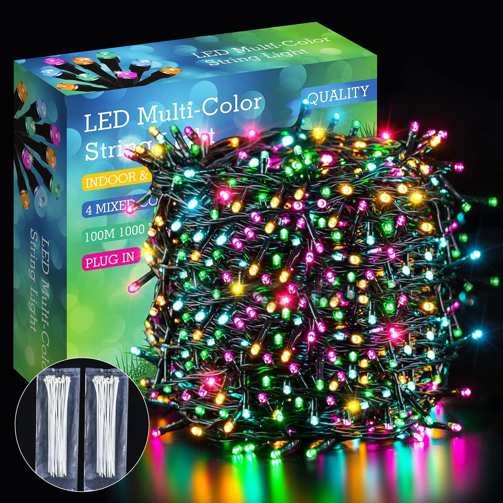 Elegear LED-Lichterkette 20M Außen Weihnachtsbeleuchtung Weihnachtsdeko für weihnachtsbaum, 200-flammig, 4 Farben EU Stecker 8 Modi Timer Speicherfunktion, IP44
