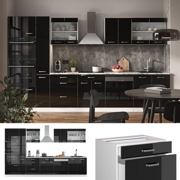 Livinity® Küchenzeile R-Line, Schwarz Hochglanz/Weiß, 350 cm mit Hochschrank, AP Anthrazit