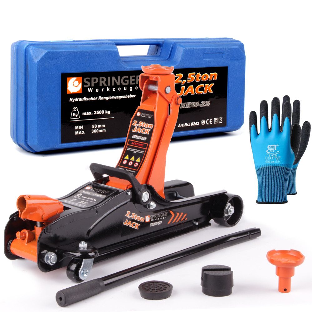 Springer Werkzeuge Rangierwagenheber 2,5T Rangierwagenheber Wagenheber KRW 25, max. Hubhöhe: 36,00 cm, 1 Paar Mechaniker Handschuhe als Gratis-Beilage