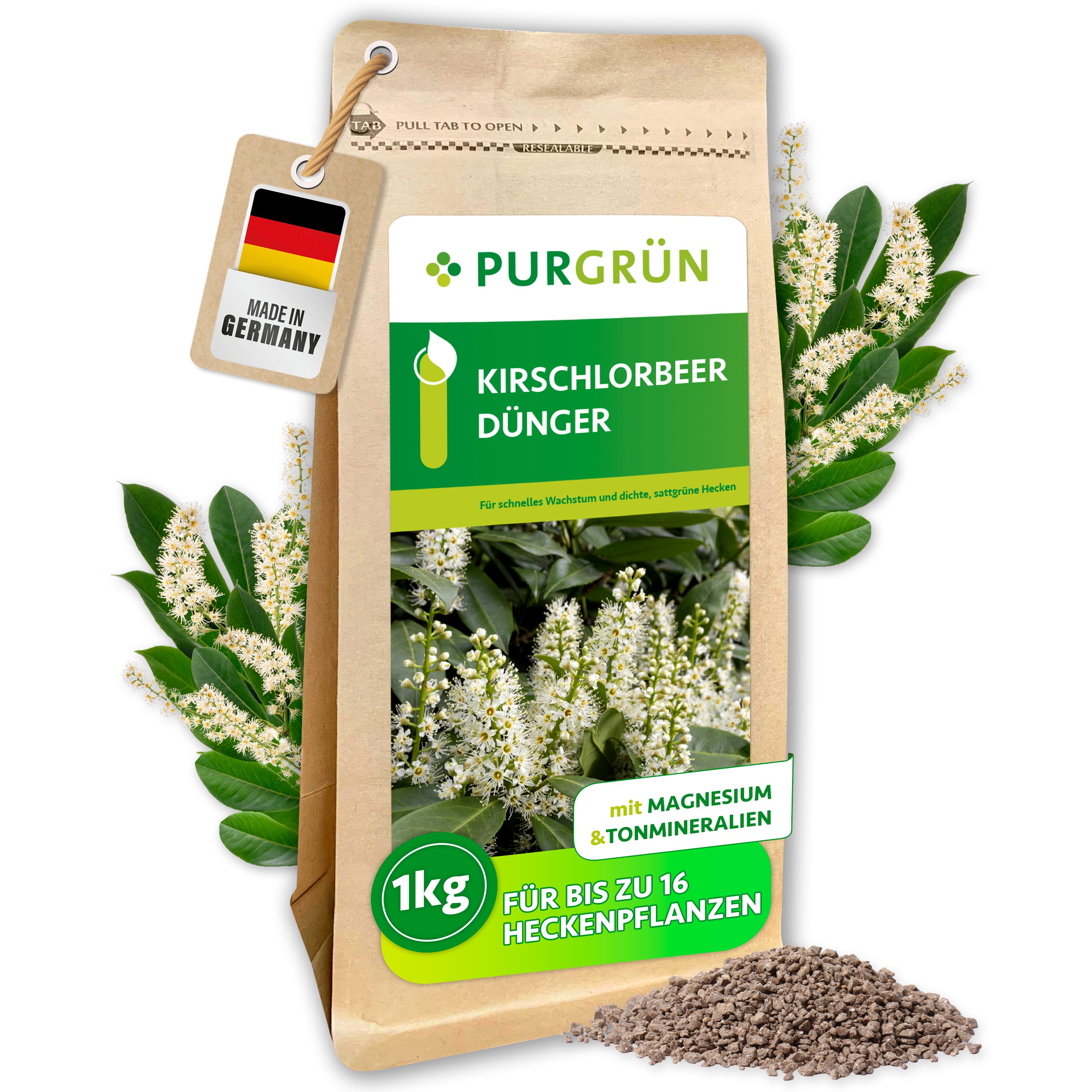 Purgrün Gartendünger Kirschlorbeer Dünger, NPK 9+4+8, Magnesium für Blätter, 1 kg, Granulat, 1-St., 1 kg