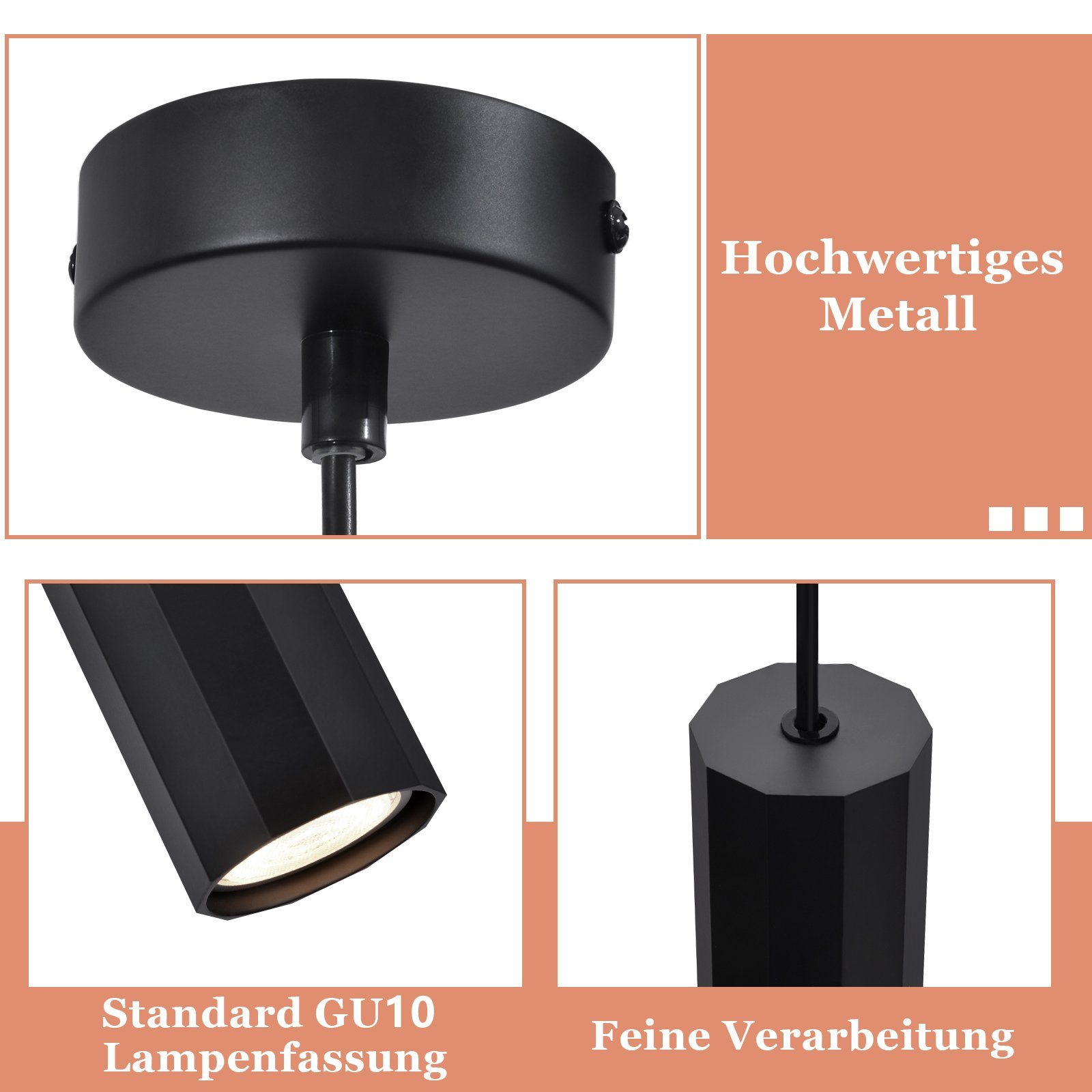 ZMH Pendelleuchte Schwarz 1 Flammig Hängelampe GU10 Modern Schlafzimmer, ohne Leuchtmittel – Bild 5 von 5