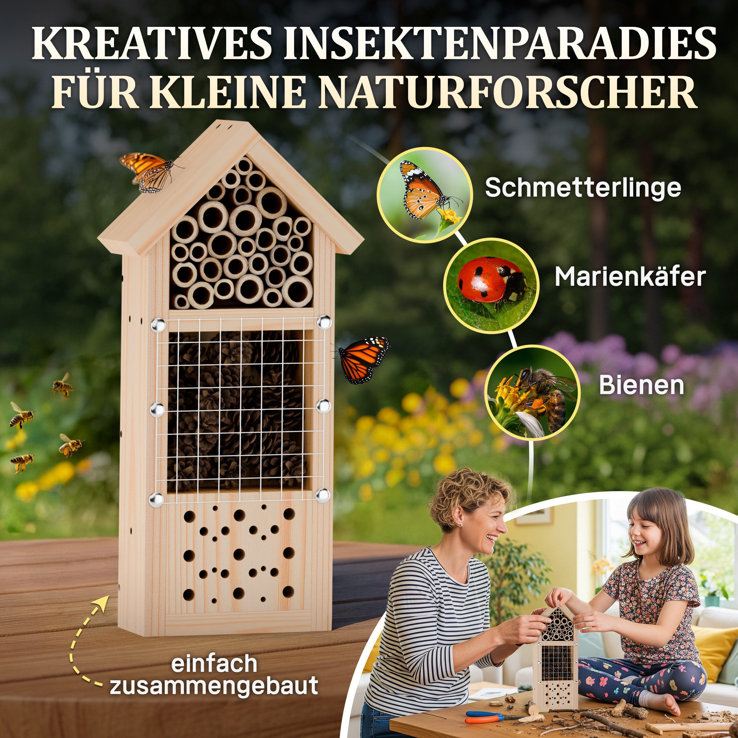 Eli Insektenhotel Bausatz für Kinder aus Kiefernholz zum Bemalen DIY Bienenhaus, (inkl 6 Farben - Pinsel - Holzhammer - Nägel - Schablonen & Vorlagen, Wildbienenhotel für Garten & Balkon), Komplett Set