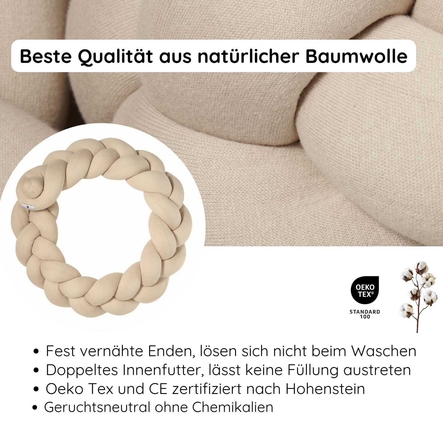 Nordic Coast Company Nestchenschlange XXL Bettschlange geflochten, Bettschlange, Bettumrandung Babybett, Alternative zum Bettnestchen laborgeprüft 180cm, 200cm oder 300cm