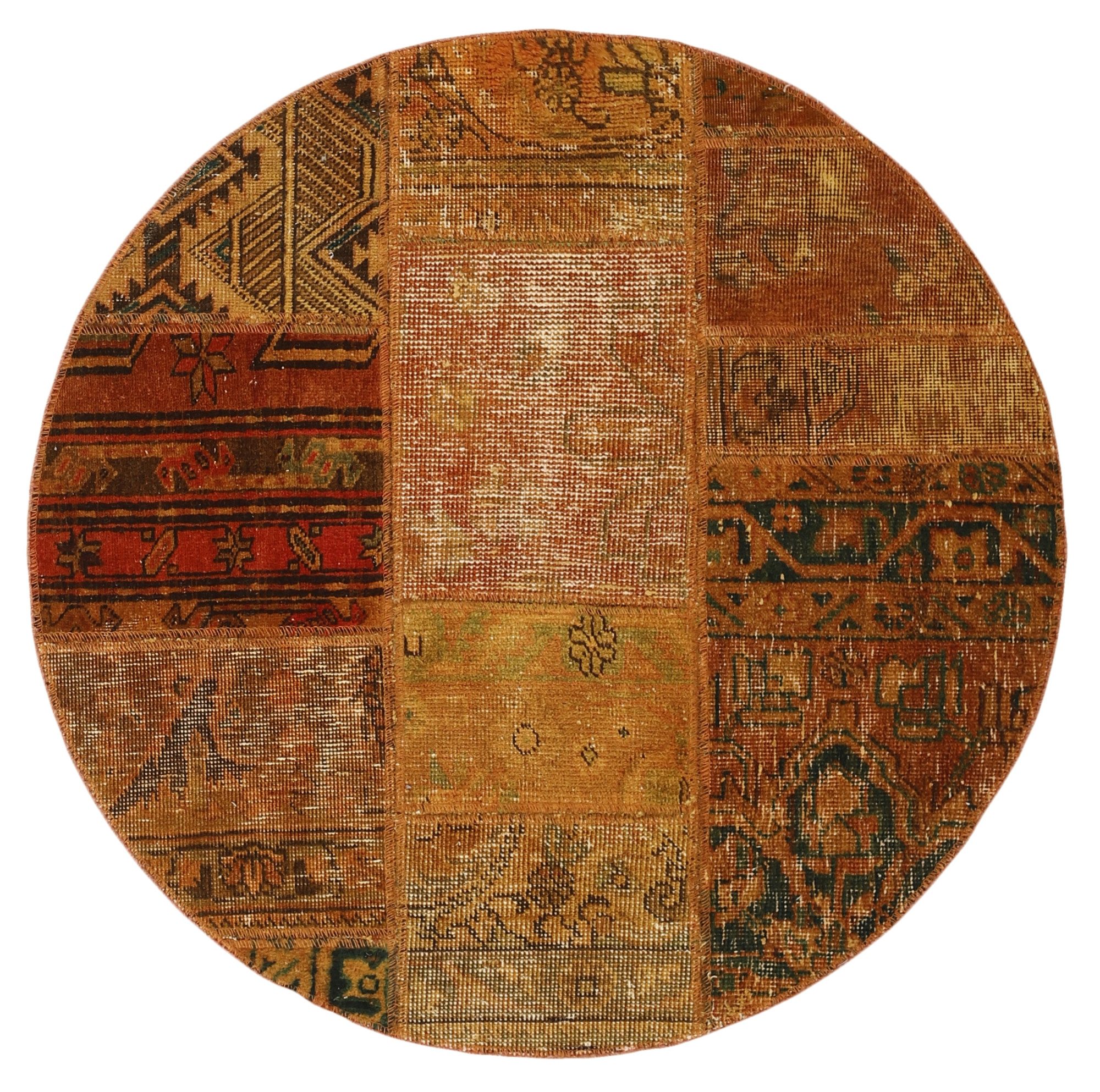Wohnando Teppich MY-RUG Vintage Patch Work Floral & Ornamentiert 100x100cm, Rund, Höhe: 10 mm, Handgeknüpfter Teppich,Handgesponnene Wolle, mit Naturfarben gegärbt