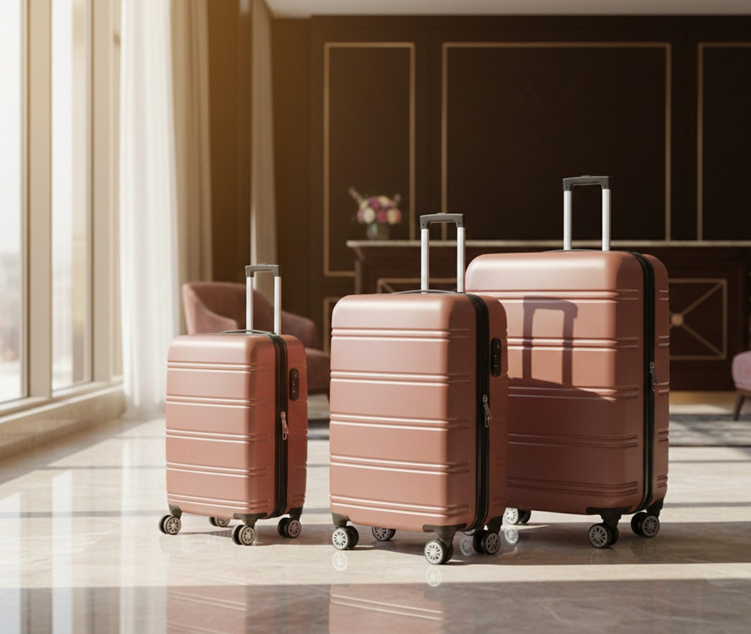 Hoffmanns Kofferset Line Rose Kofferset 3-teilig - ABS-Hartschale, 4 Rollen, (3 tlg), mit 360°-Rollen, Sicherheitsschloss & Teleskopgriff