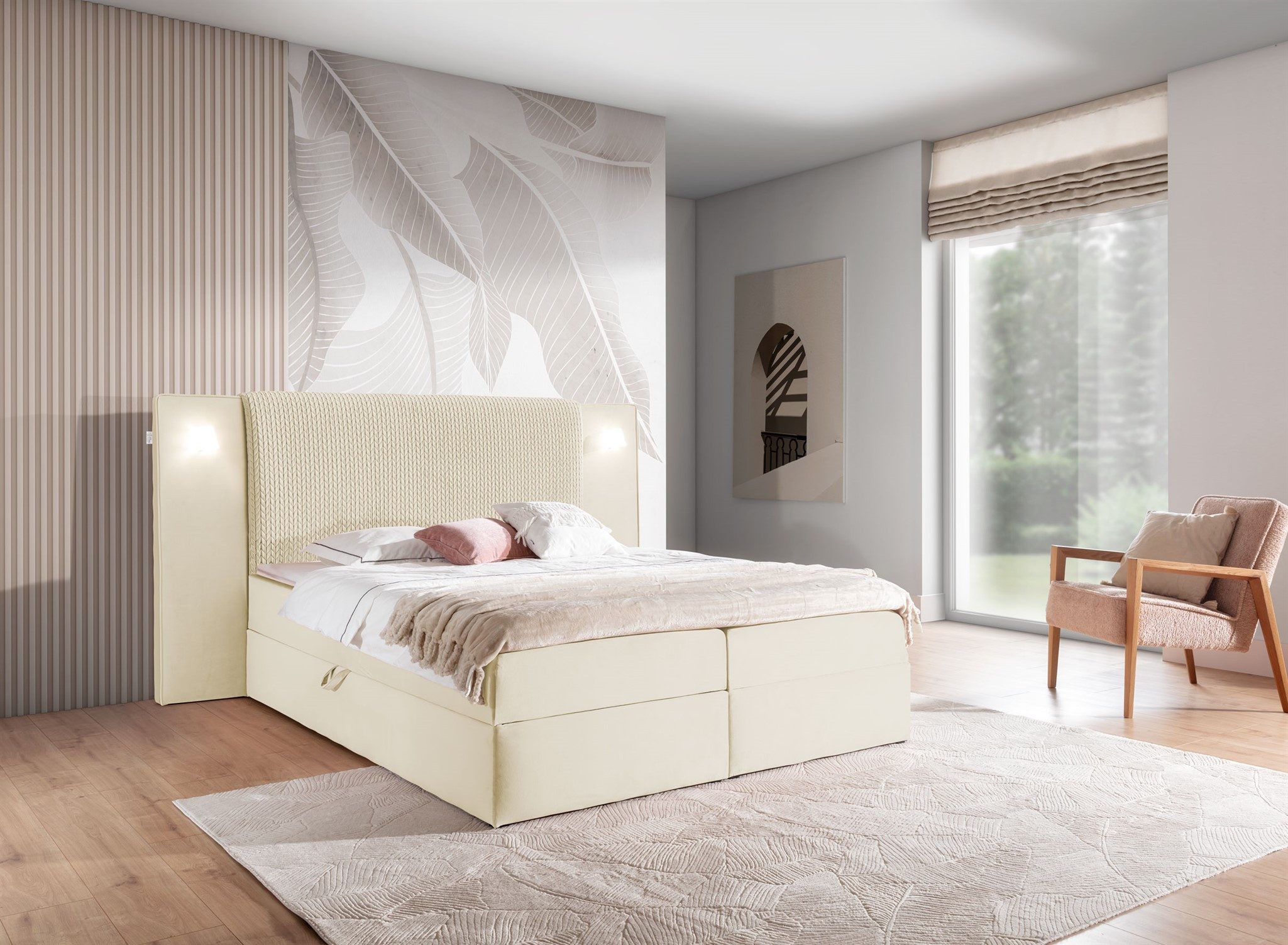Fun Möbel Boxbett Bett MARTEN Überlänge in Stoff Magic Velvet Set.2 (inkl. Bettkästen und Kaltschaumtopper, inkl. 2 Nachttische und gehärtetes Glas), Ambiente-Beleuchtung mit Touch Funktion im Kopfteil