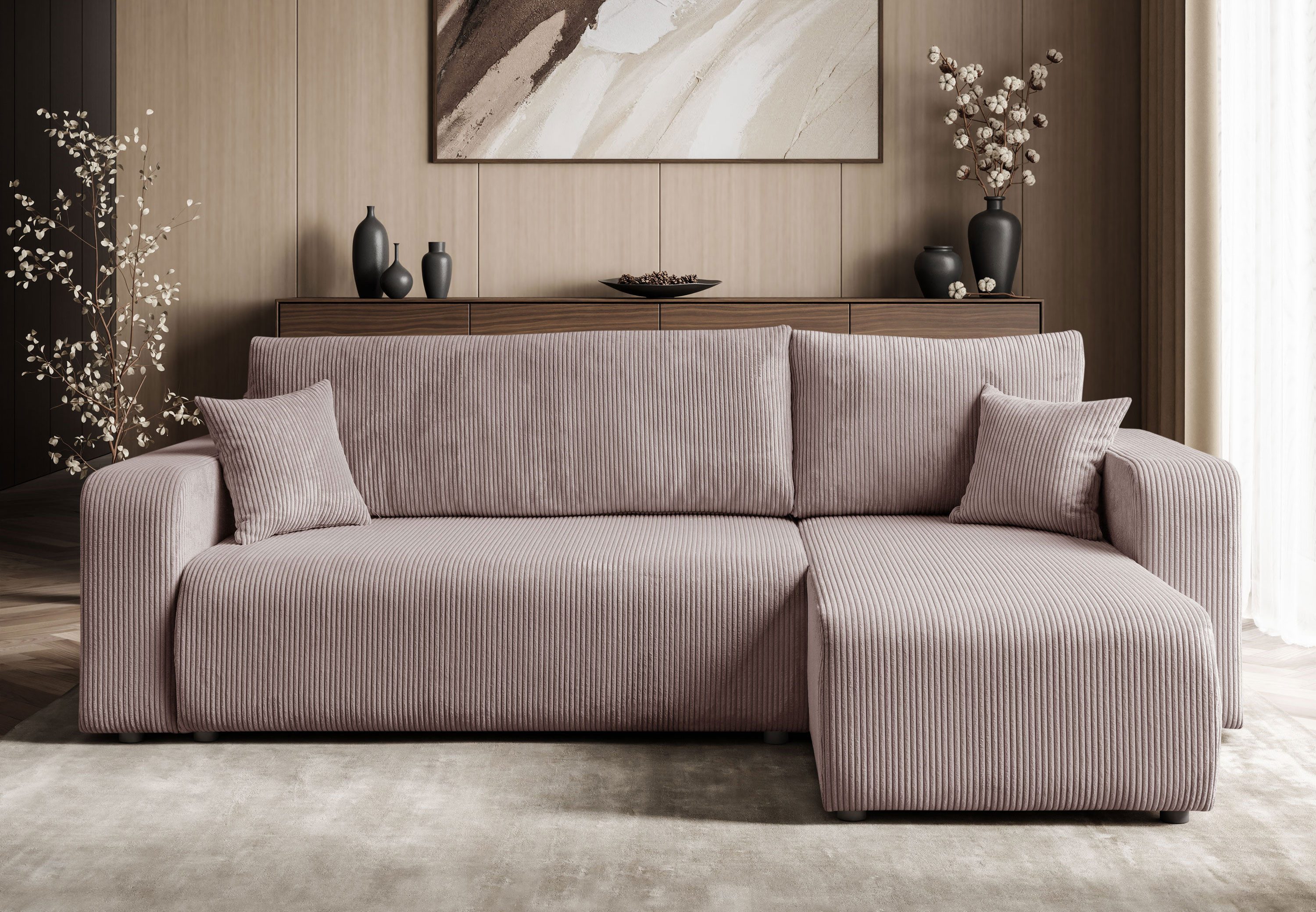 Lookway Ecksofa PRESTIGE L-Form Couch, Cord-Stoff, mit Bettfunktion und Bettkasten, Seite universal, 247/277x143x83 cm